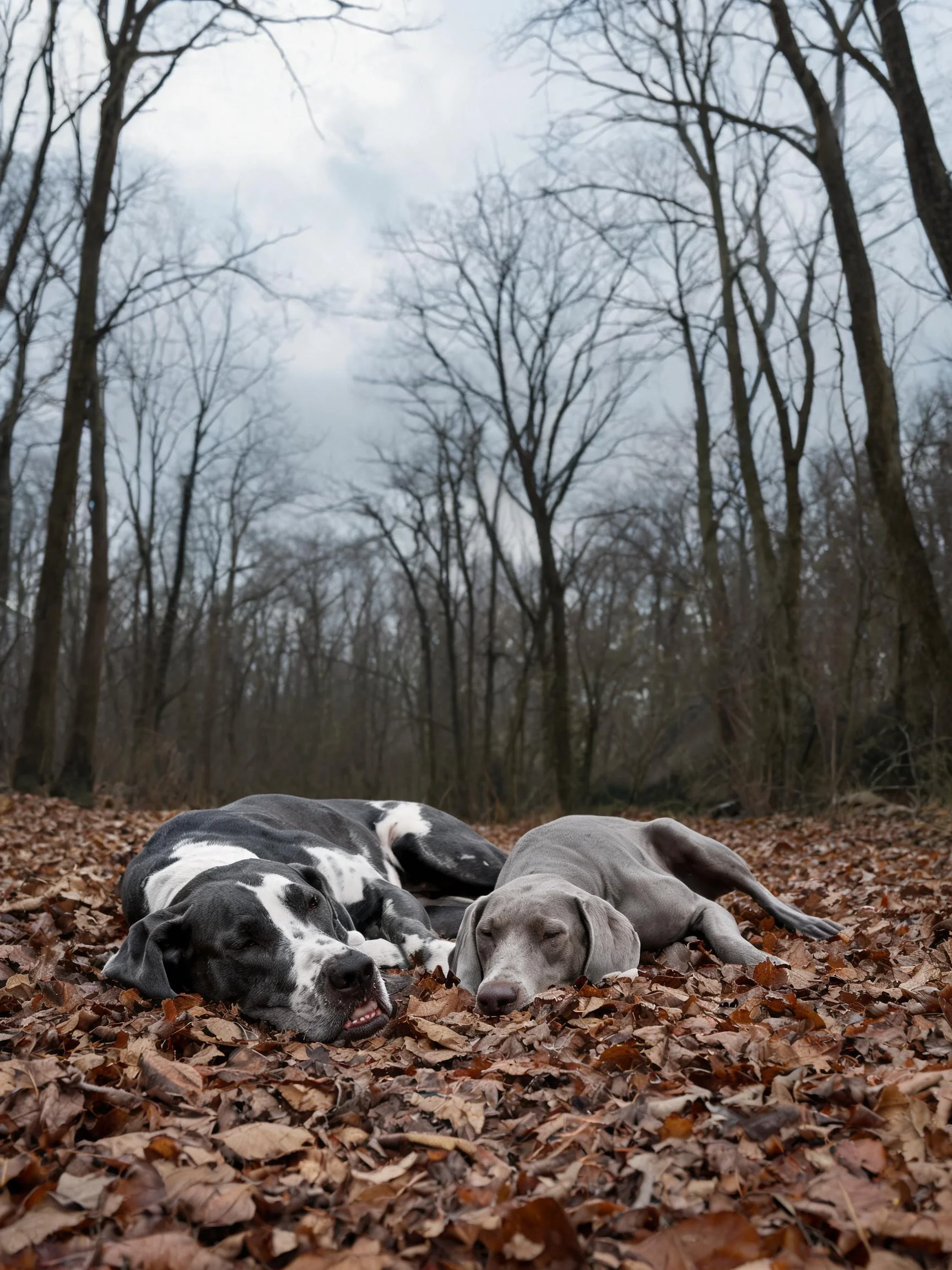 大丹犬与魏玛兰纳犬并排躺卧在枯叶上,大丹犬黑白相间的被毛清晰可见,魏玛兰纳犬银灰色短毛平整贴附身体。