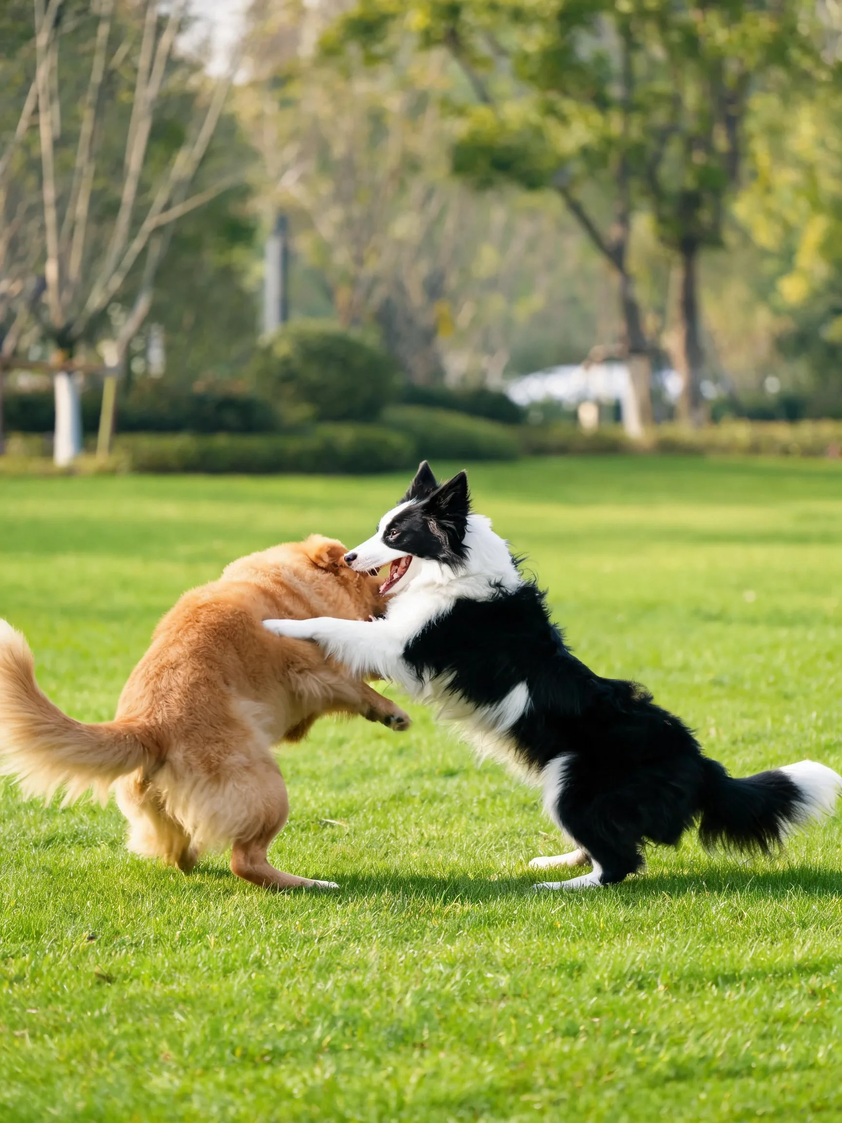 黑白边境牧羊犬与黄色长毛犬在绿色草坪上互动,边境牧羊犬嘴巴张开,姿态活泼。