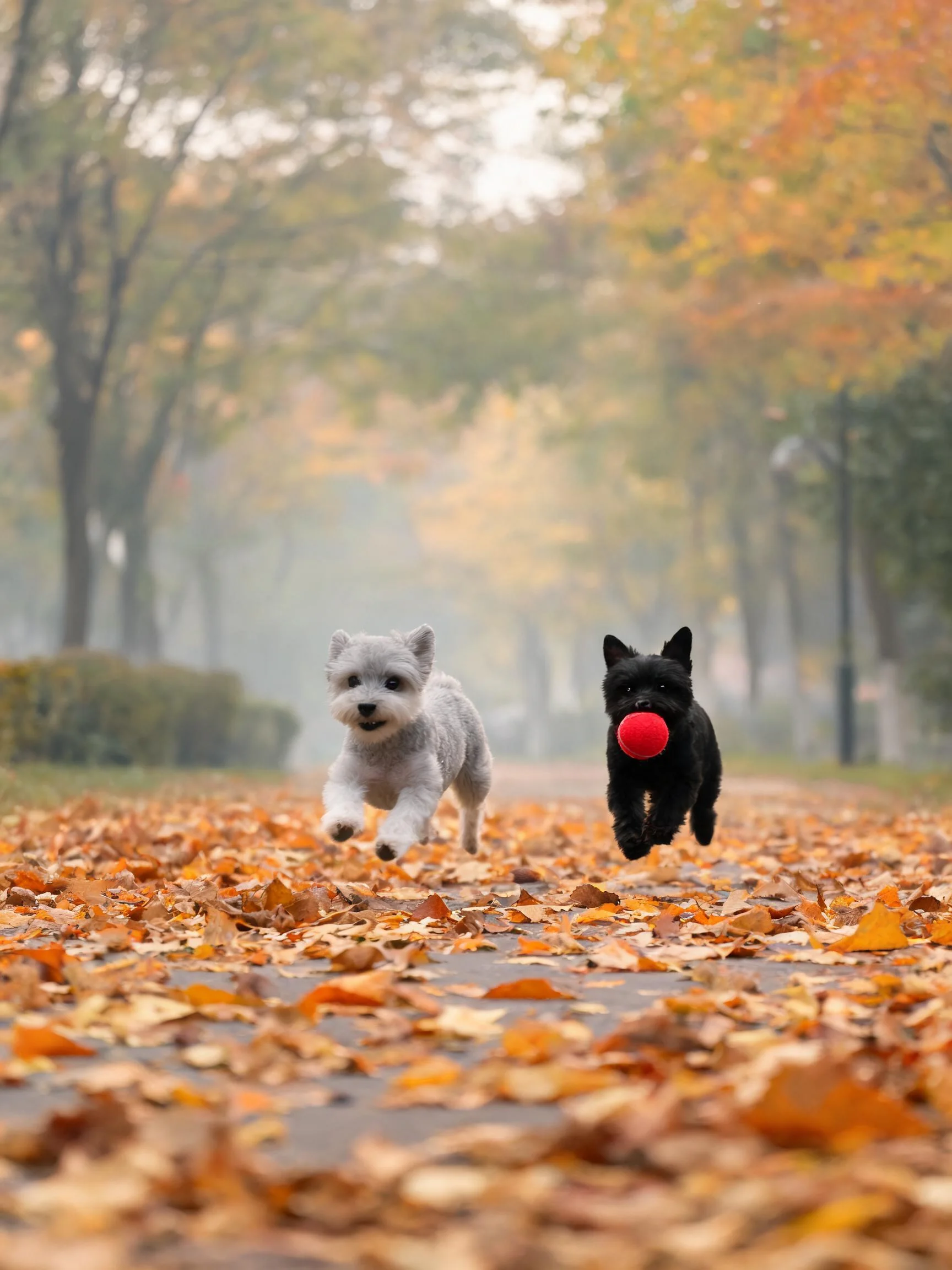 黑色的苏格兰梗犬叼着红色球体在落叶步道上奔跑,白色的西高地白梗犬紧随其后,展现活泼姿态。