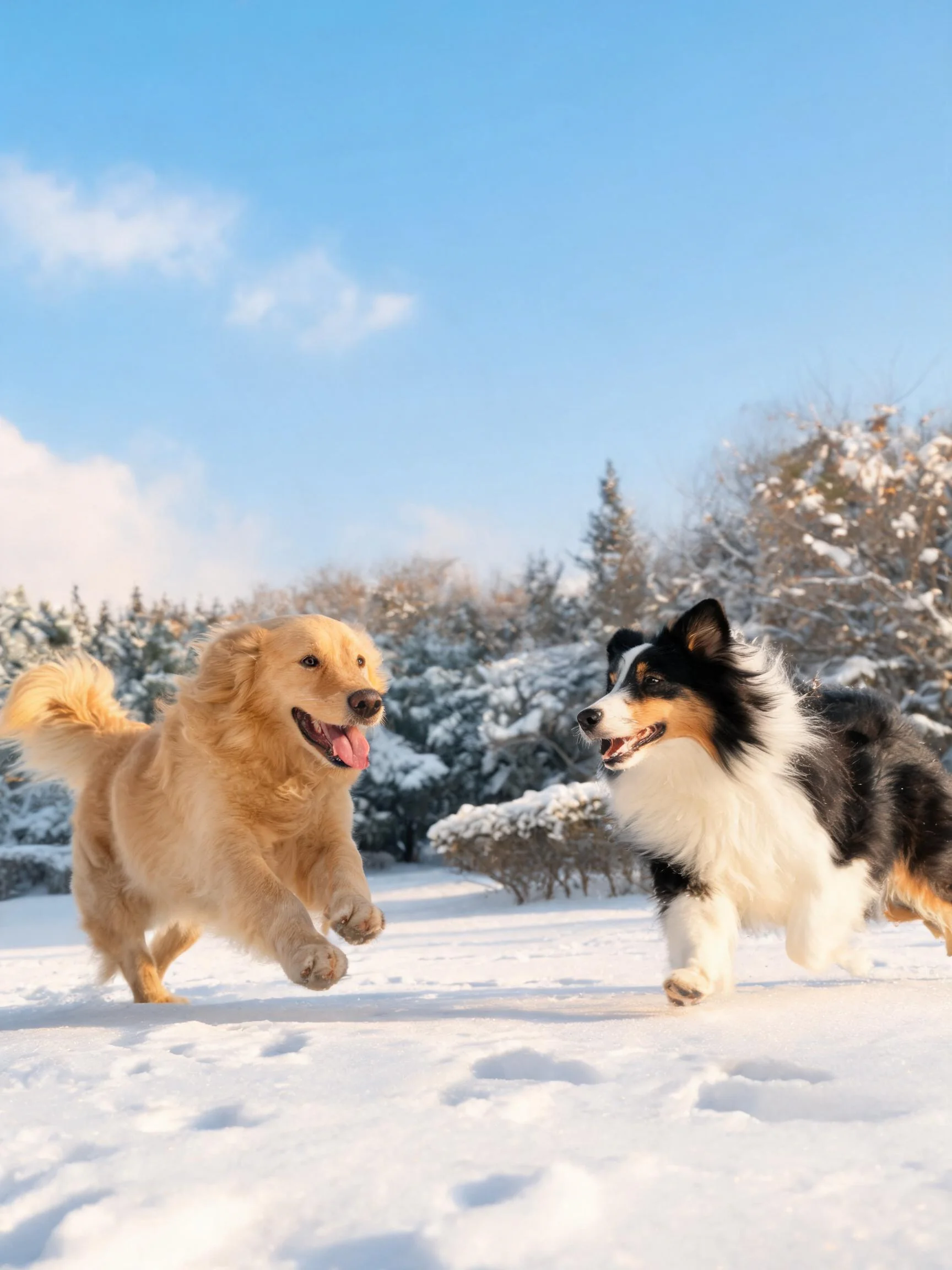 雪地中金毛寻回犬与设得兰牧羊犬奔跑,金毛寻回犬有着金黄色蓬松毛发,设得兰牧羊犬呈现黑白色调。