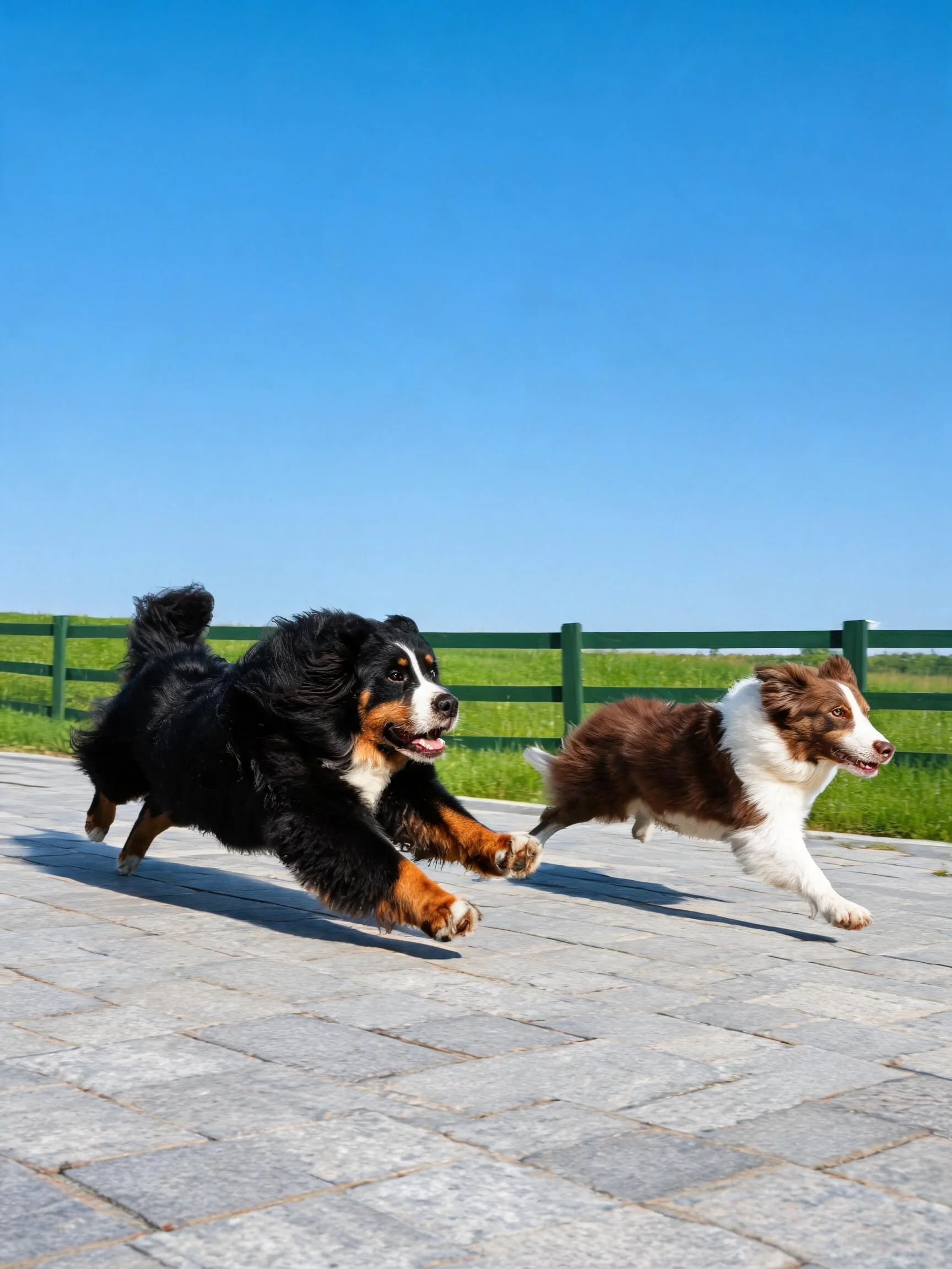 伯恩山犬与边境牧羊犬在户外奔跑,伯恩山犬毛发浓密且带有明显色块分布,边境牧羊犬四肢修长肌肉紧绷。