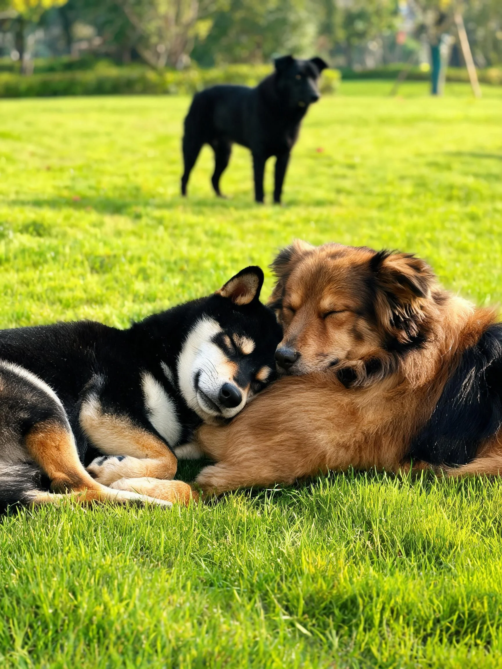 黑白色调的柴犬将头部轻靠在棕色长毛犬身上，毛发柔软贴附，姿态亲昵。