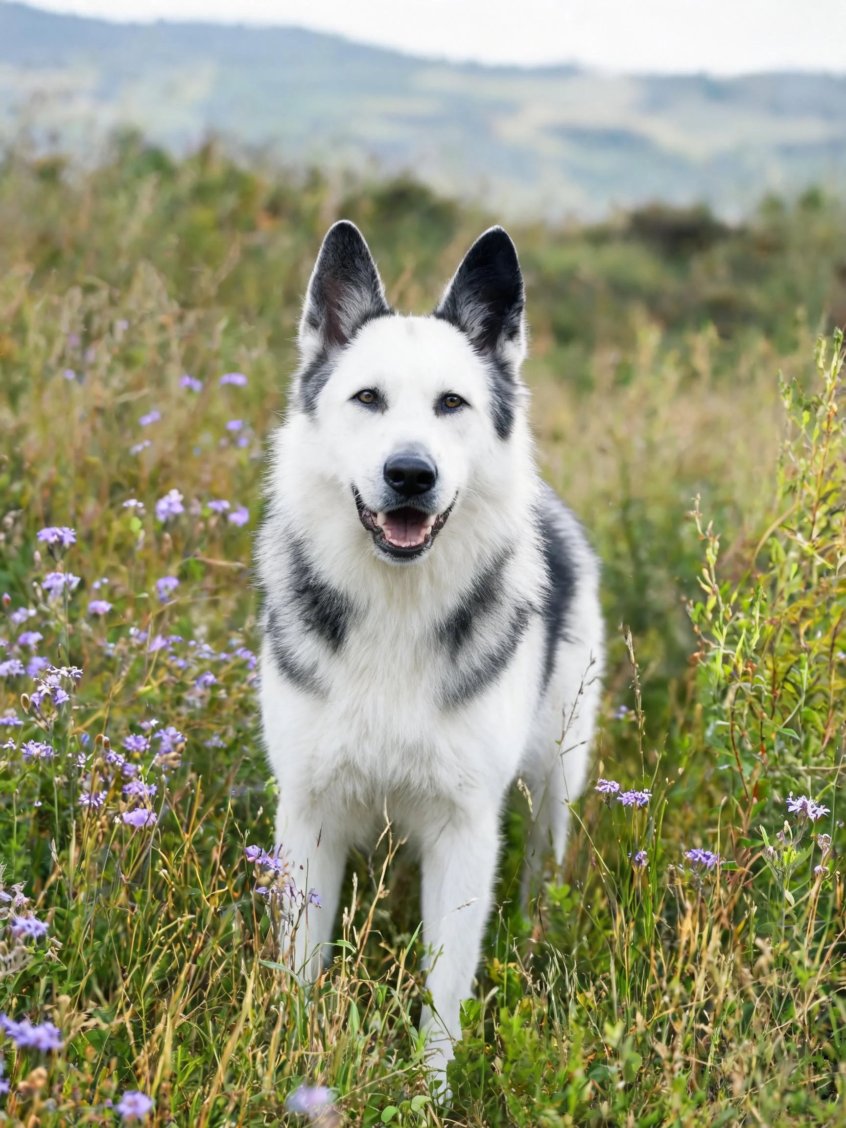 德国牧羊犬站在高草丛中,黑白相间的毛发清晰可见,耳朵竖立着,嘴巴张开露出牙齿。