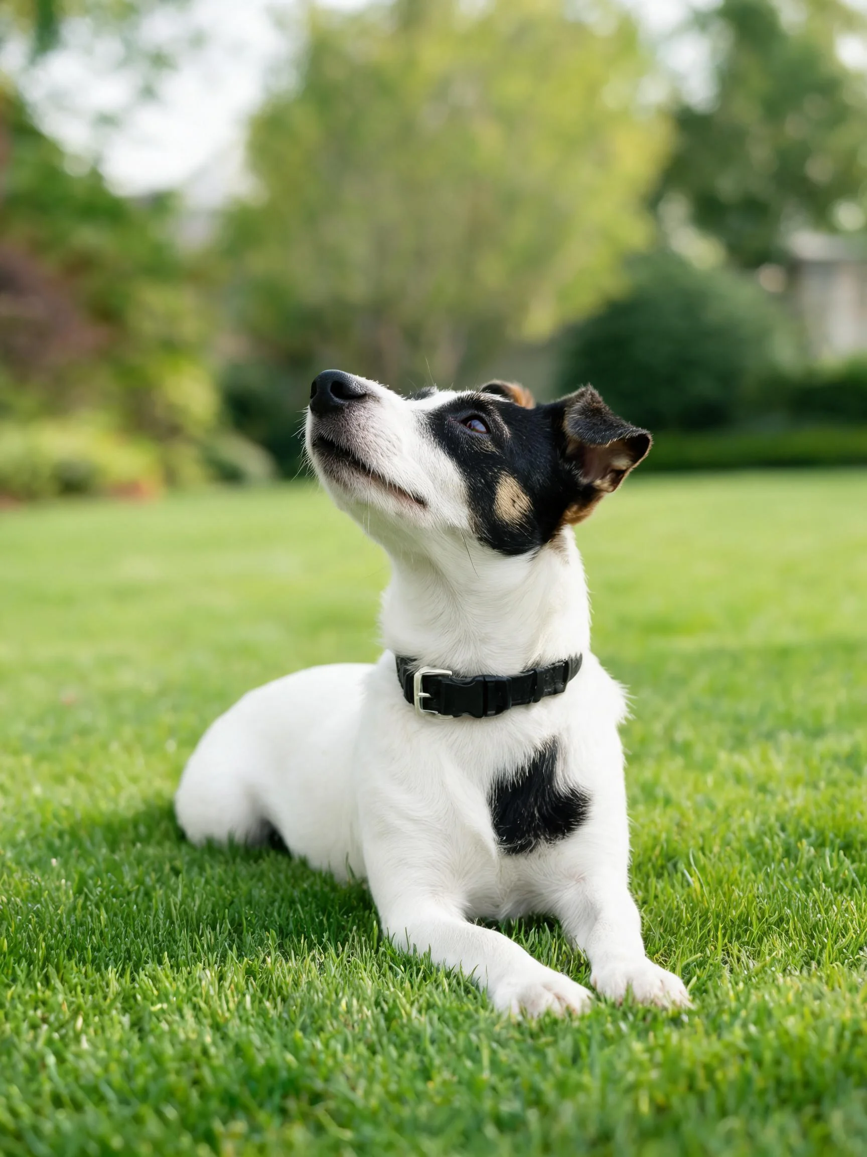 杰克罗素梗犬抬头注视着上方，白色与黑色相间的被毛清晰可见。
