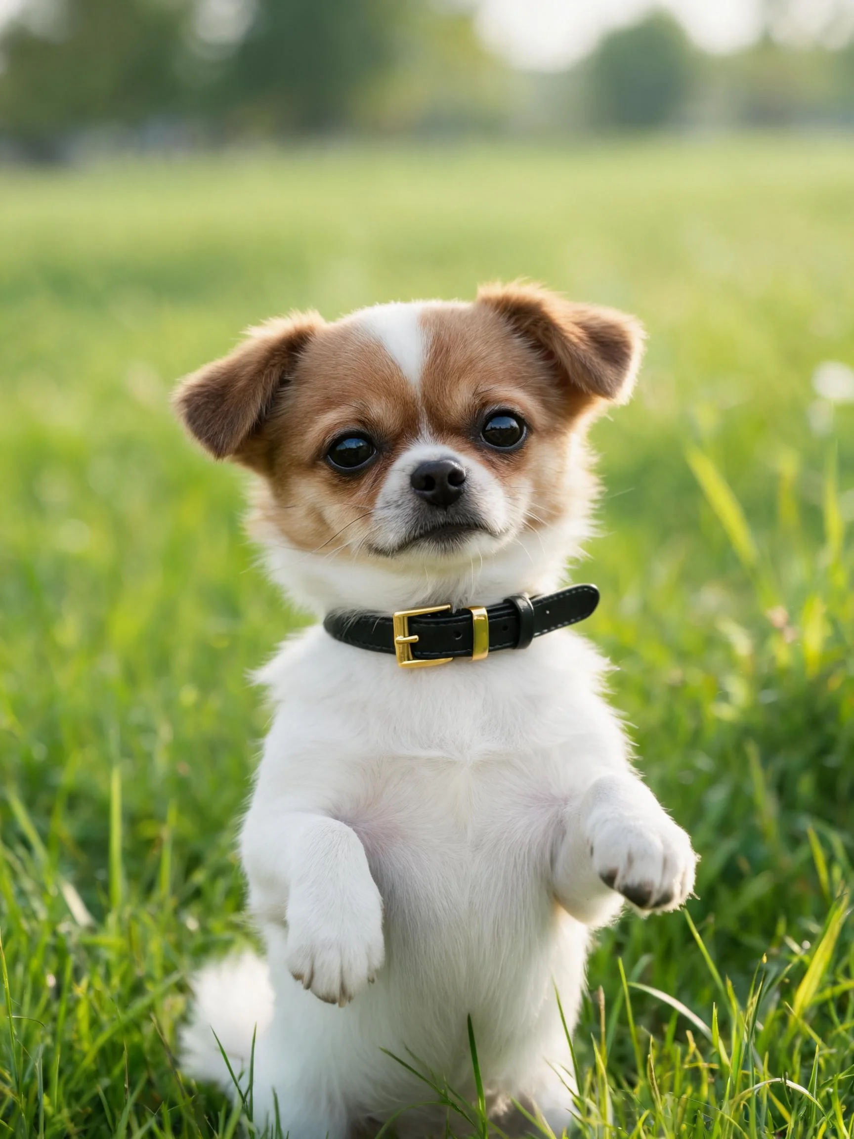 白棕相间混血小型犬戴着黑色项圈,站立在绿色草地上,前爪抬起姿态活泼。