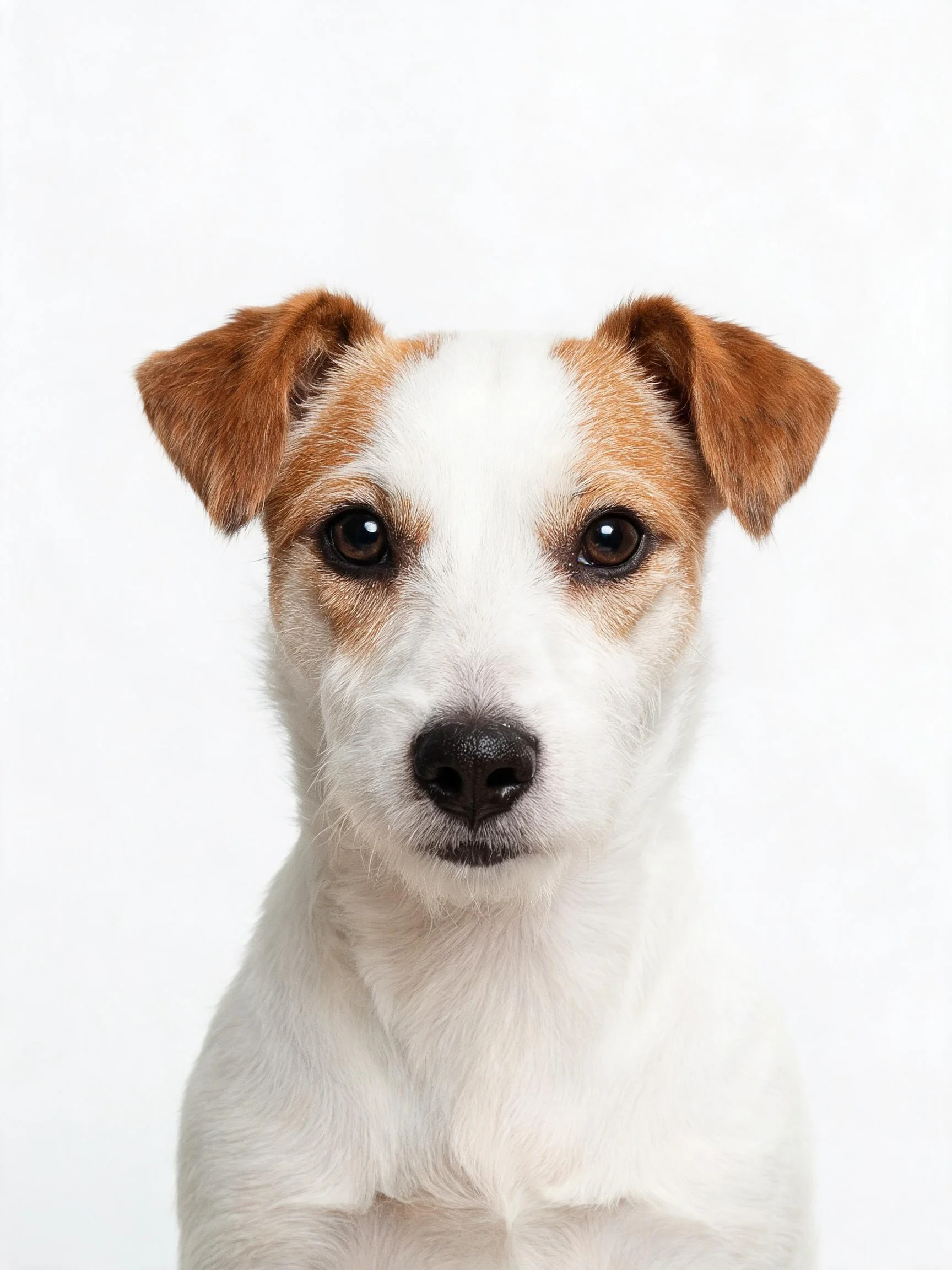 一只杰克拉塞尔梗犬,白色被毛带有浅棕色斑纹,眼神专注地注视着镜头方向。
