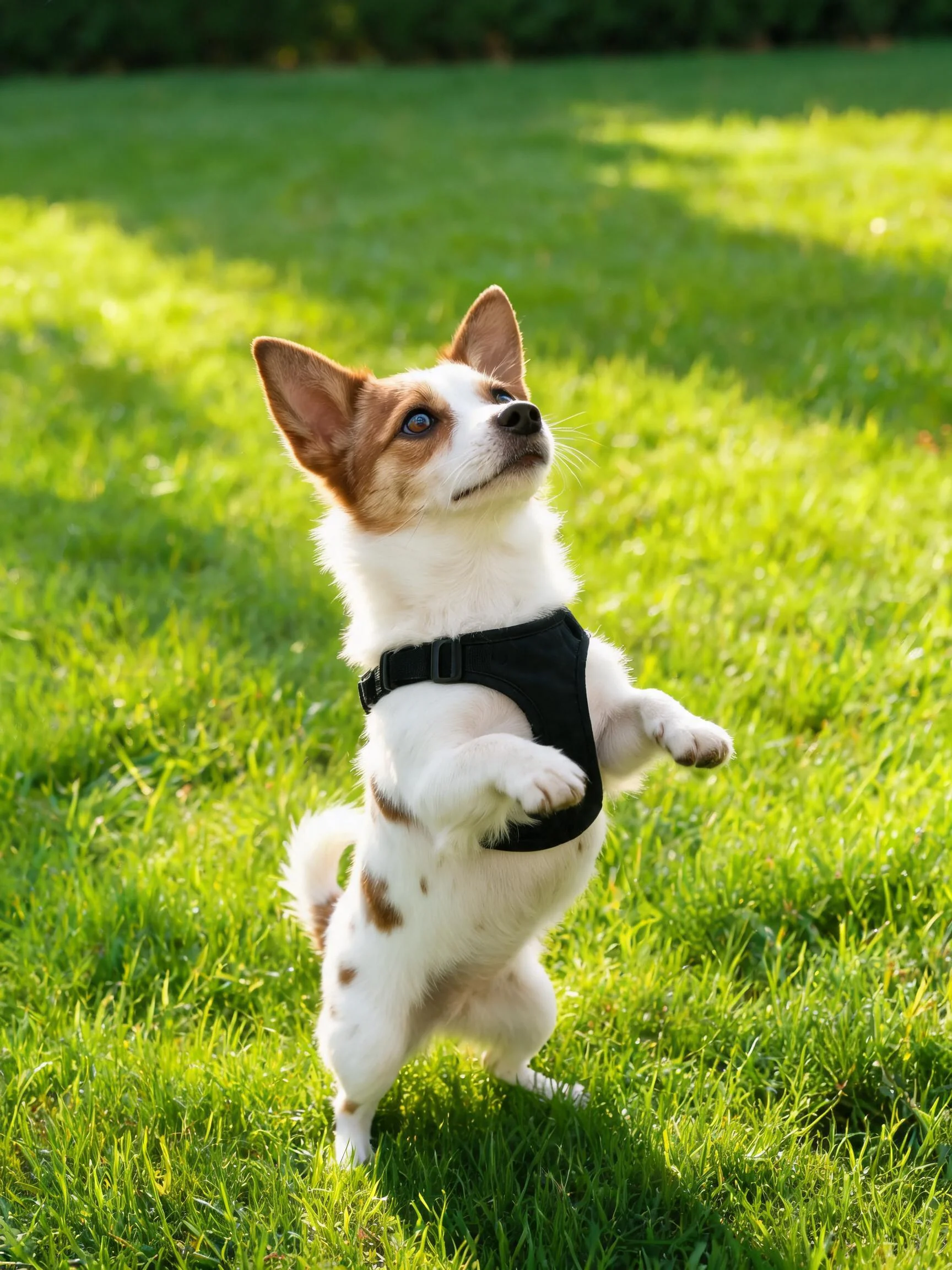 一只穿着黑色胸背带的小型梗犬站立在绿色草坪上,目光向上注视。