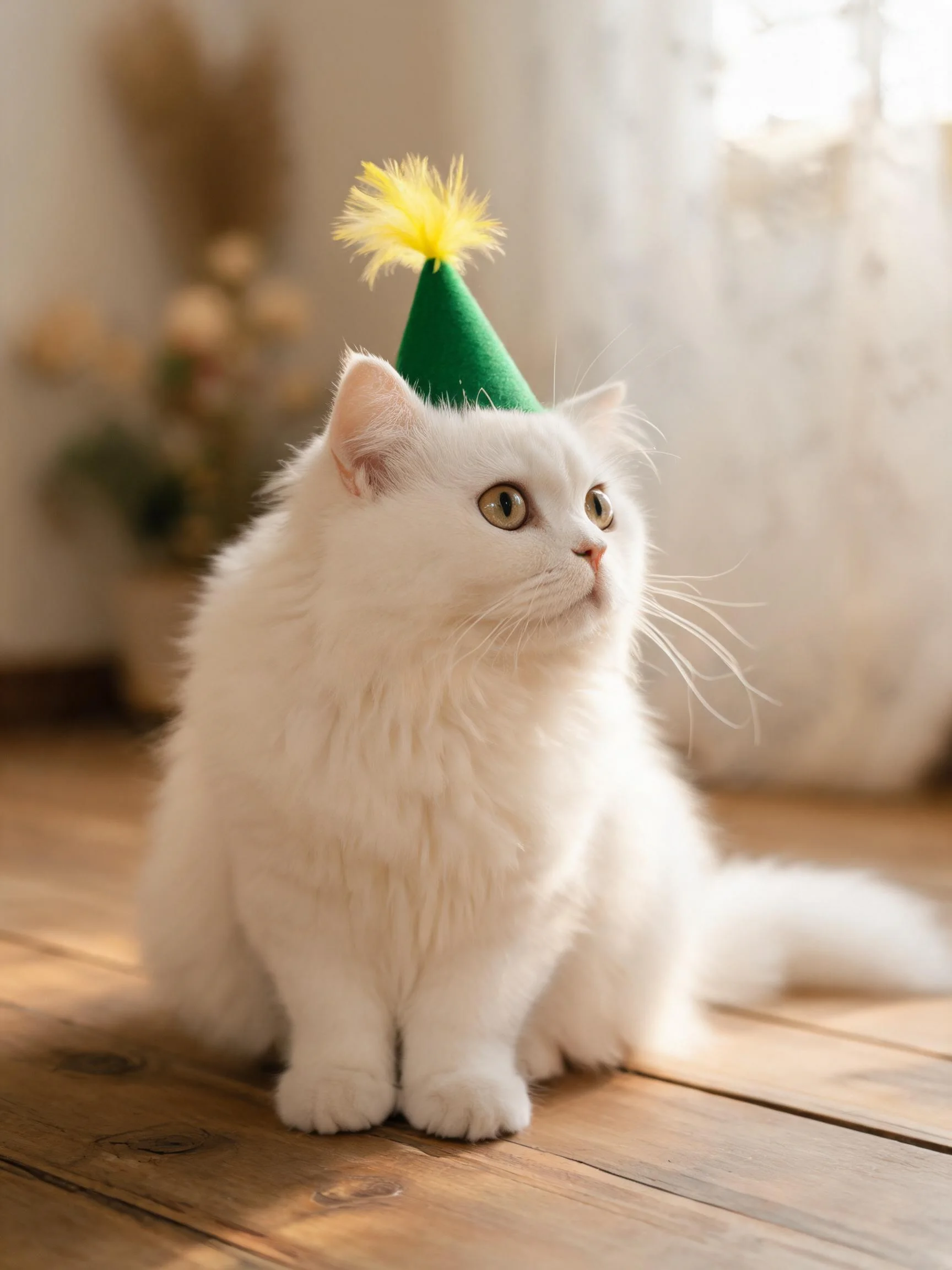英国短毛猫戴着绿色锥形派对帽,拥有蓬松洁白的被毛,眼神好奇地注视着前方。