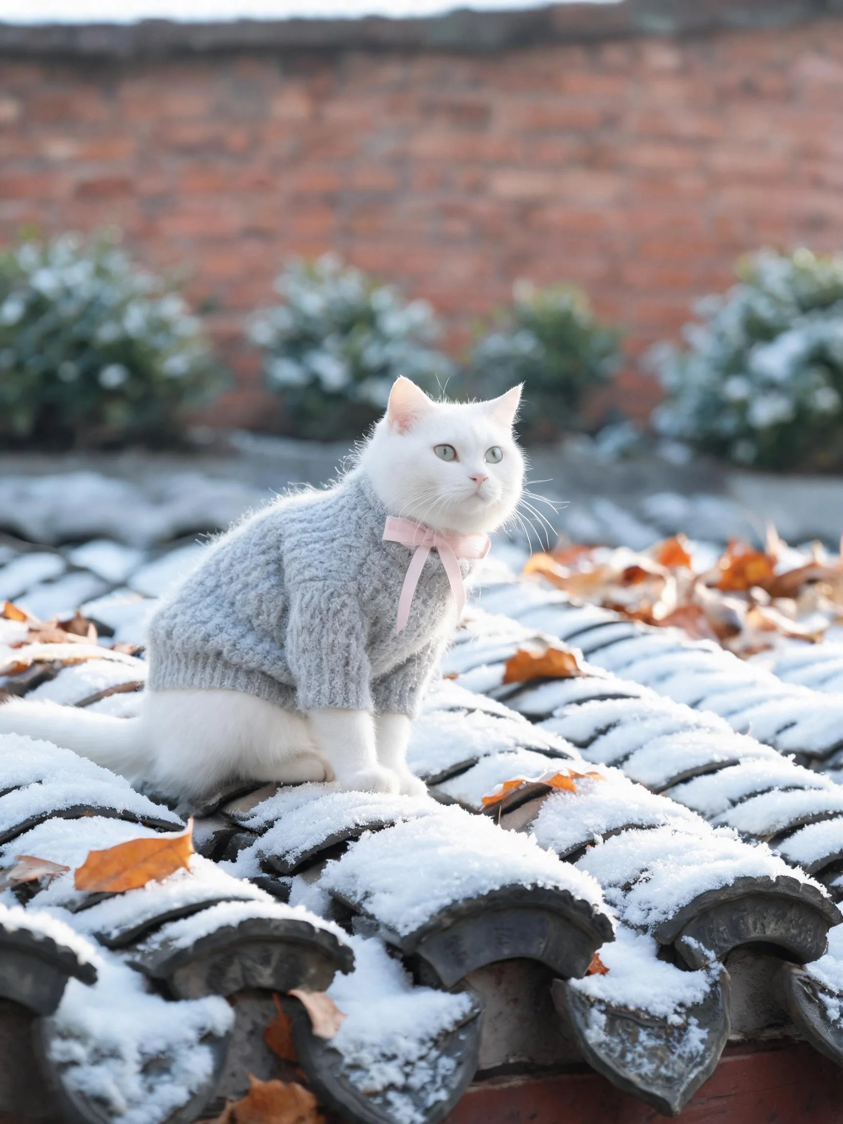 白色短毛猫穿着灰色针织毛衣,坐在积雪覆盖的传统瓦片屋顶上,毛衣的针织纹理清晰可见,猫咪的白色毛发蓬松洁白。