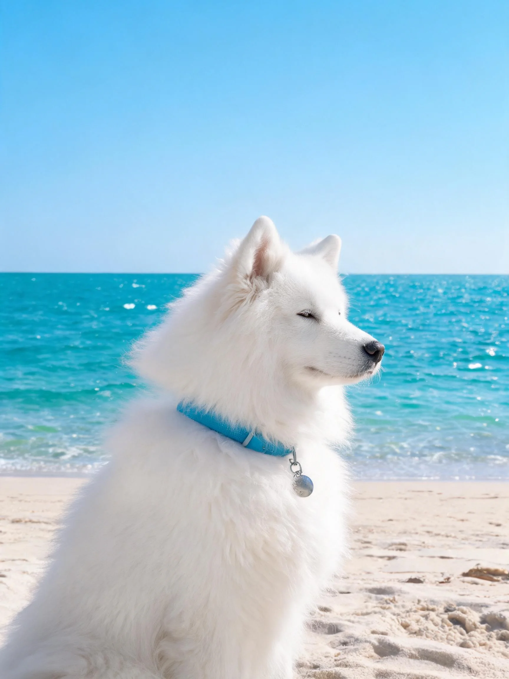 萨摩耶犬安静坐着,白色蓬松毛发柔软,蓝色项圈清晰可见。