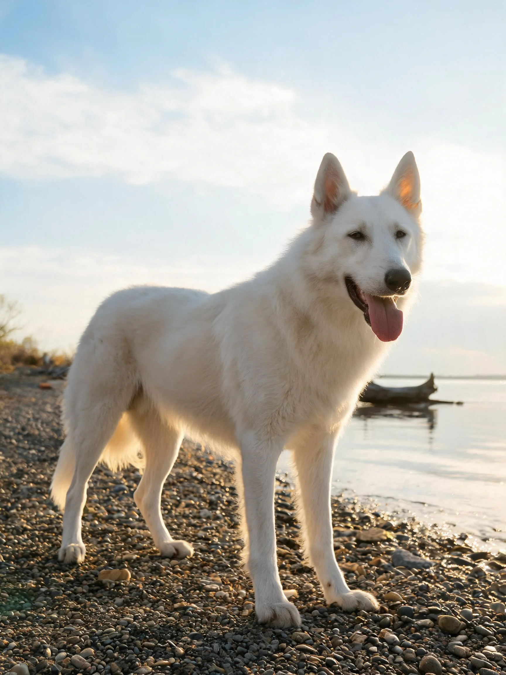 白色瑞士牧羊犬站在沙滩上，蓬松洁白的毛发在阳光下显得格外洁白，粉红色舌头伸出。