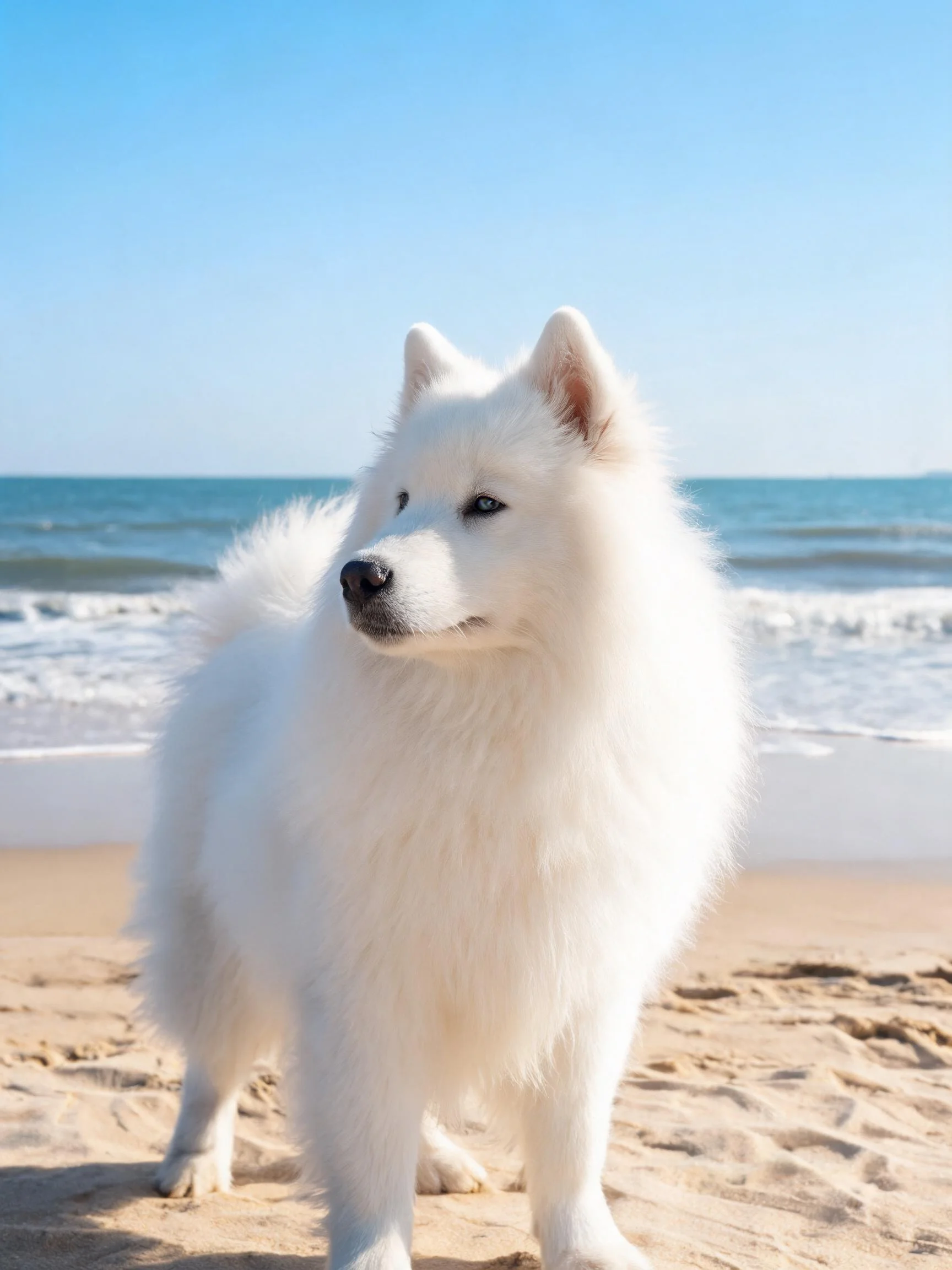 萨摩耶犬有着蓬松洁白的毛发和明亮的蓝色眼睛，站在沙滩上凝视远方。
