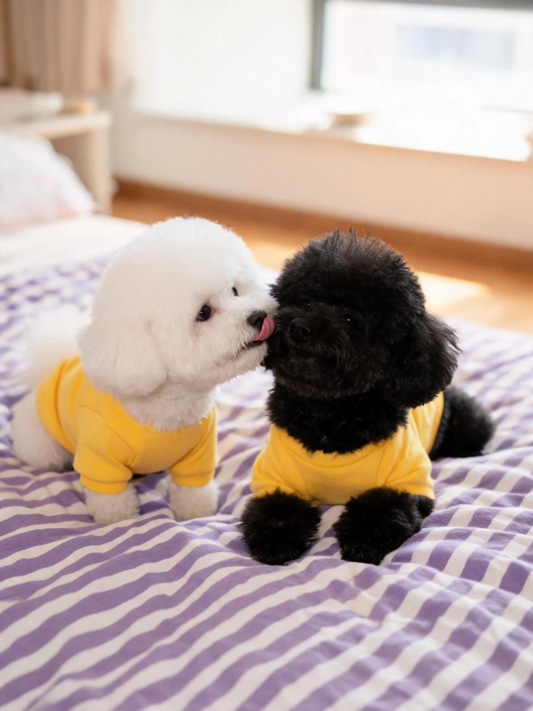 比熊犬和玩具贵宾犬穿着黄色衣服在室内互动,白色狗狗用舌头轻触黑色狗狗脸部。
