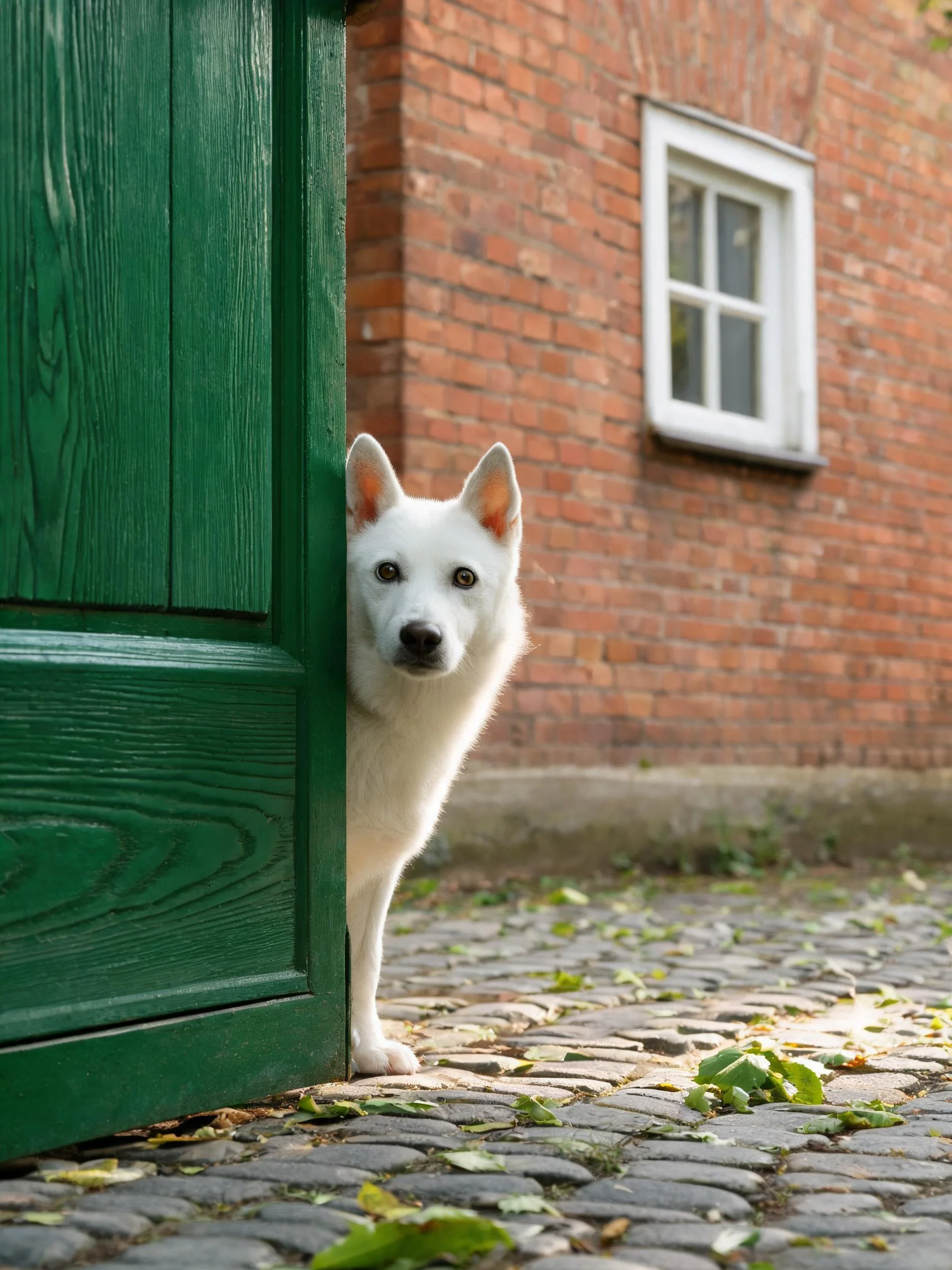 白色柴犬从绿色木门后探出身子,雪白蓬松的毛发在阳光下显得格外柔软,眼神专注清澈。