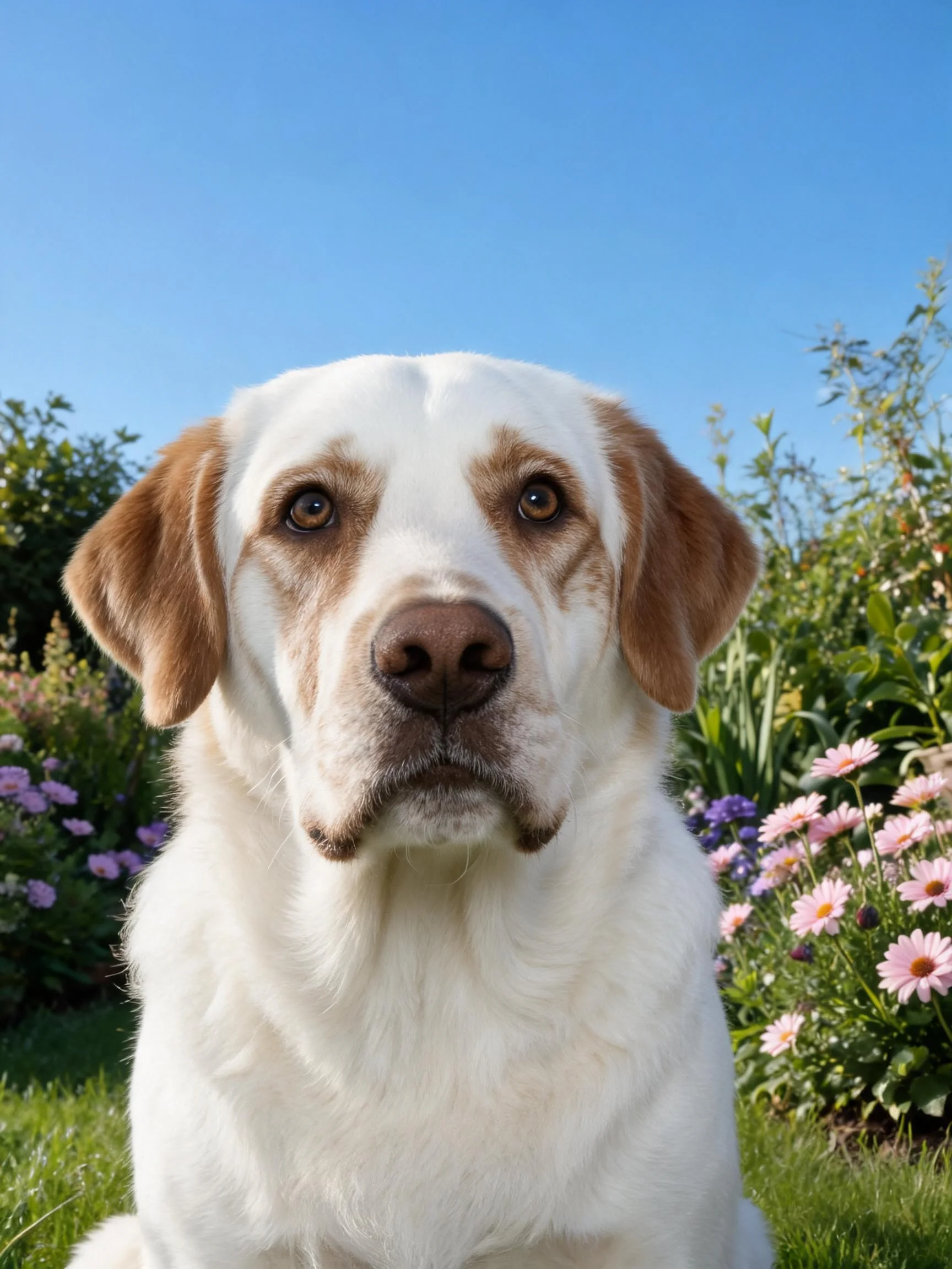 一只带有浅棕色面部斑纹的白色拉布拉多猎犬安静坐在花园中,周围环绕着色彩丰富的花卉。