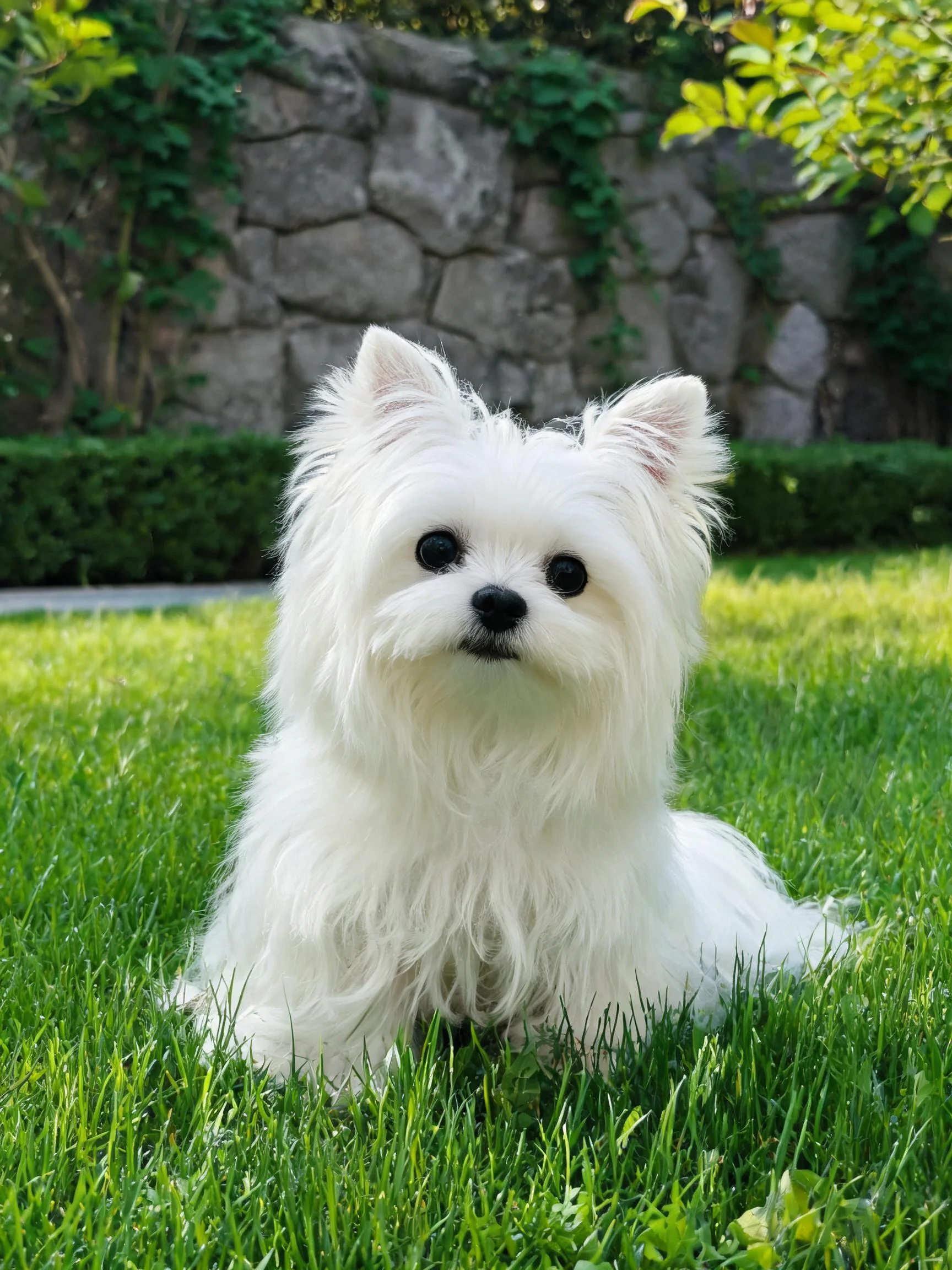 马尔济斯犬有着蓬松洁白的毛发,黑色的眼睛明亮清澈。
