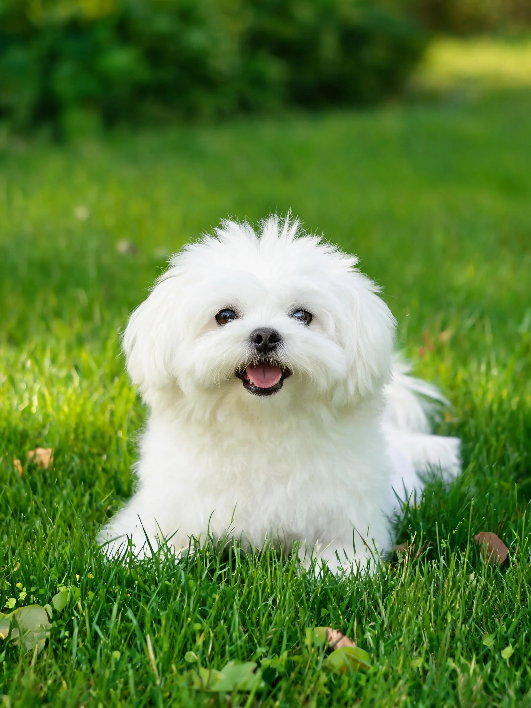 白色马尔济斯犬趴卧在绿色草地上,蓬松的白色毛发清晰可见。