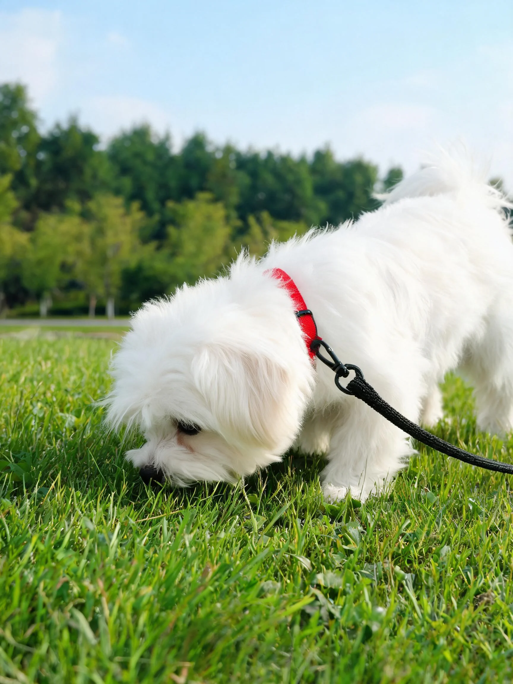 白色马尔济斯犬低头在草坪上嗅探,蓬松的白色卷毛清晰可见。