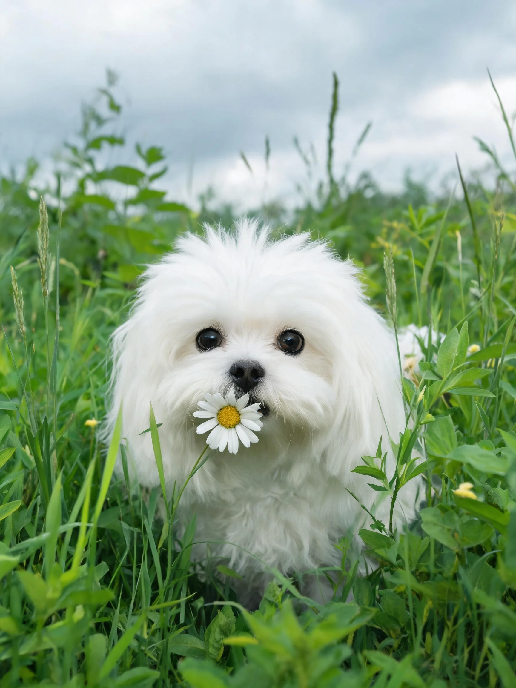 马尔济斯犬叼着白色雏菊站立在绿色草丛中,毛发蓬松洁白。