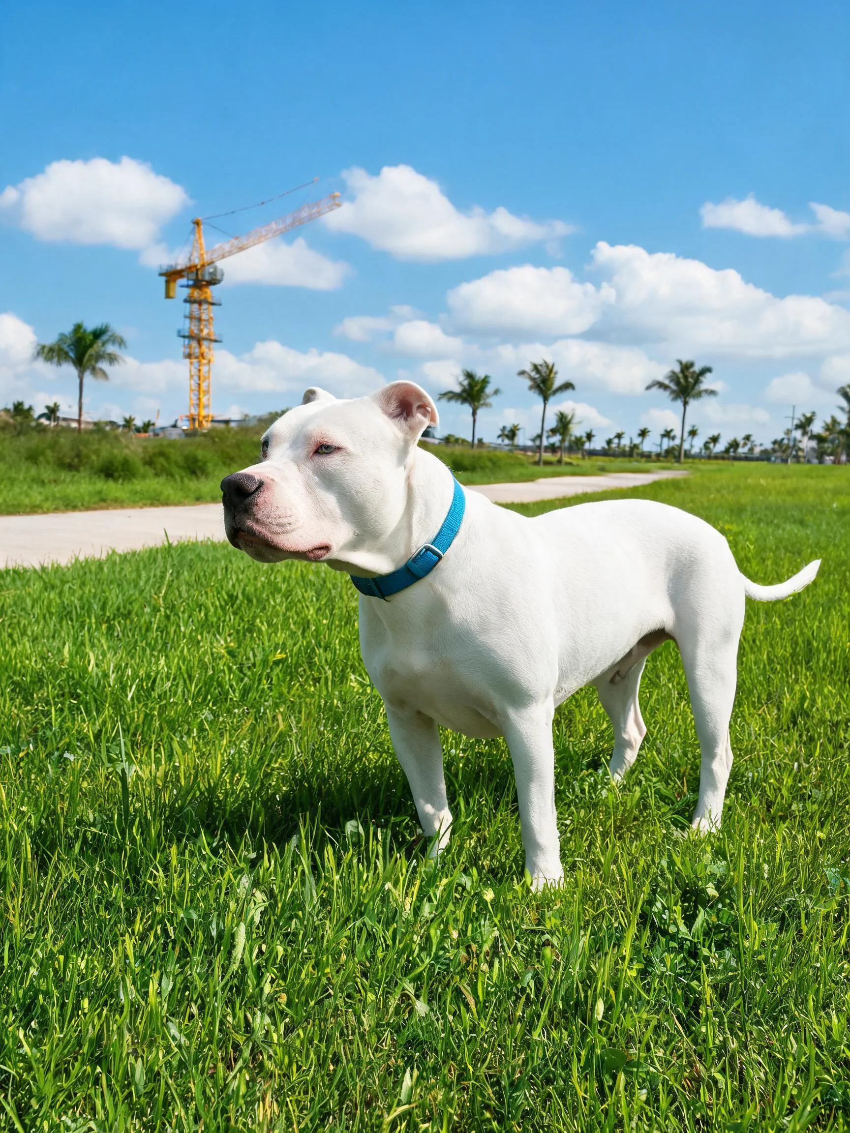 一只白色的美国斯塔福梗犬站在青草地上，脖颈处佩戴蓝色项圈，目光看向远方。