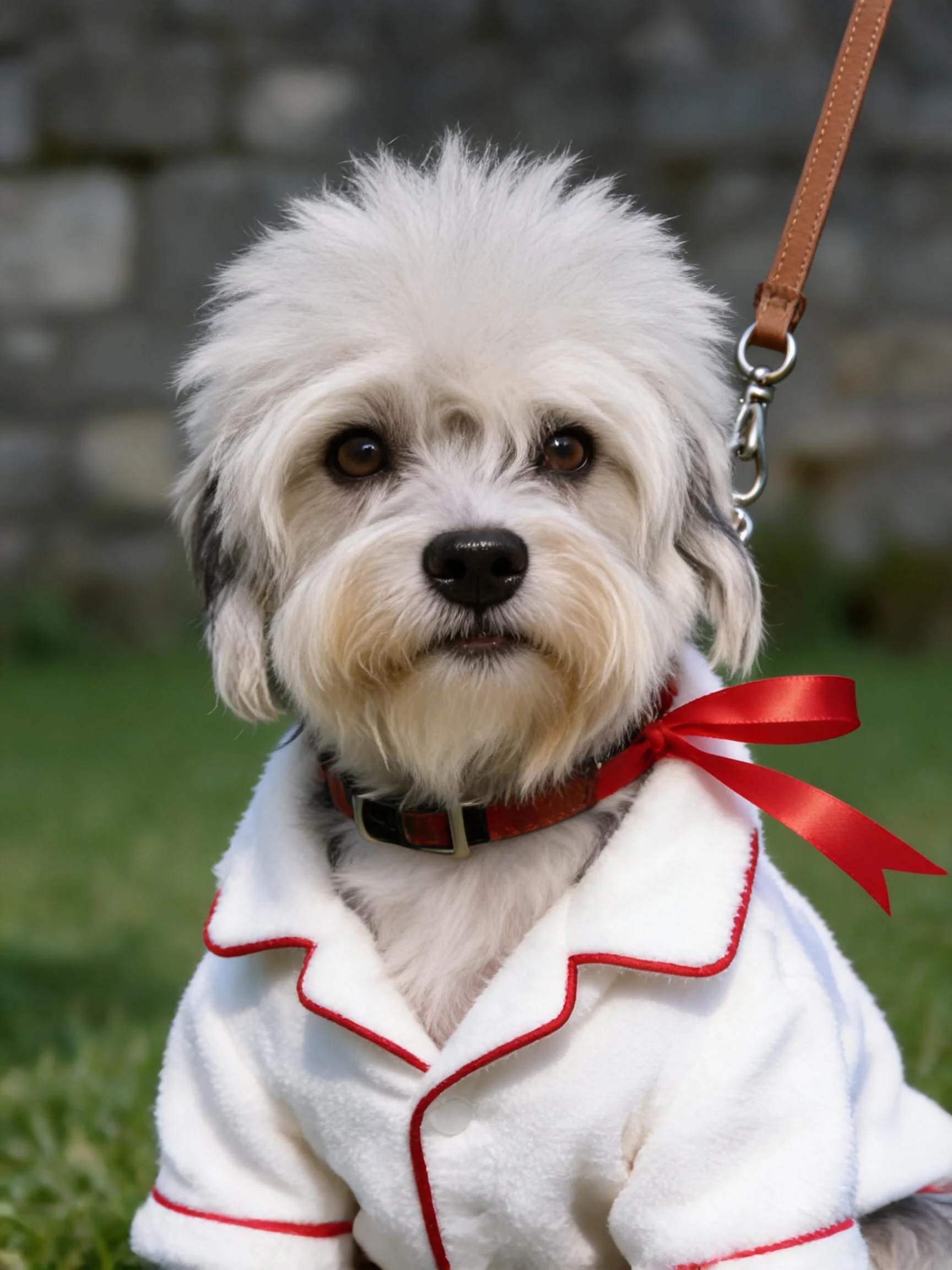 丹迪丁蒙梗犬穿着白色带红边衣物,脖颈处系红色丝带,蓬松白色毛发贴附头部。