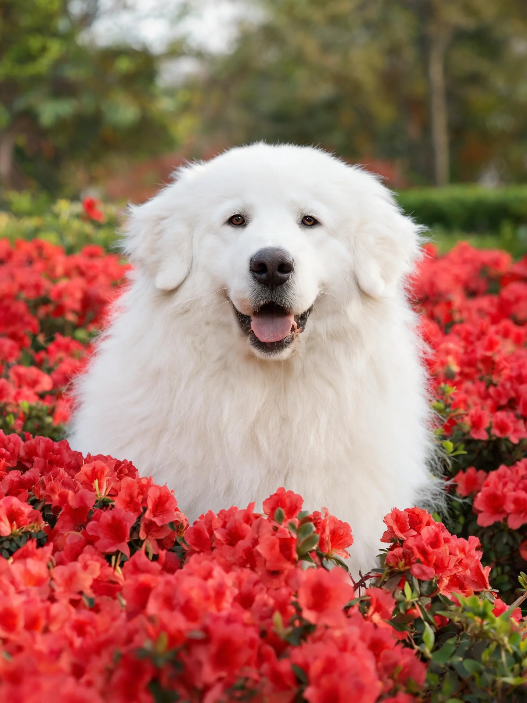大白熊犬有着蓬松洁白的被毛，正安静地处于红色花卉之间，毛发柔软且蓬松。