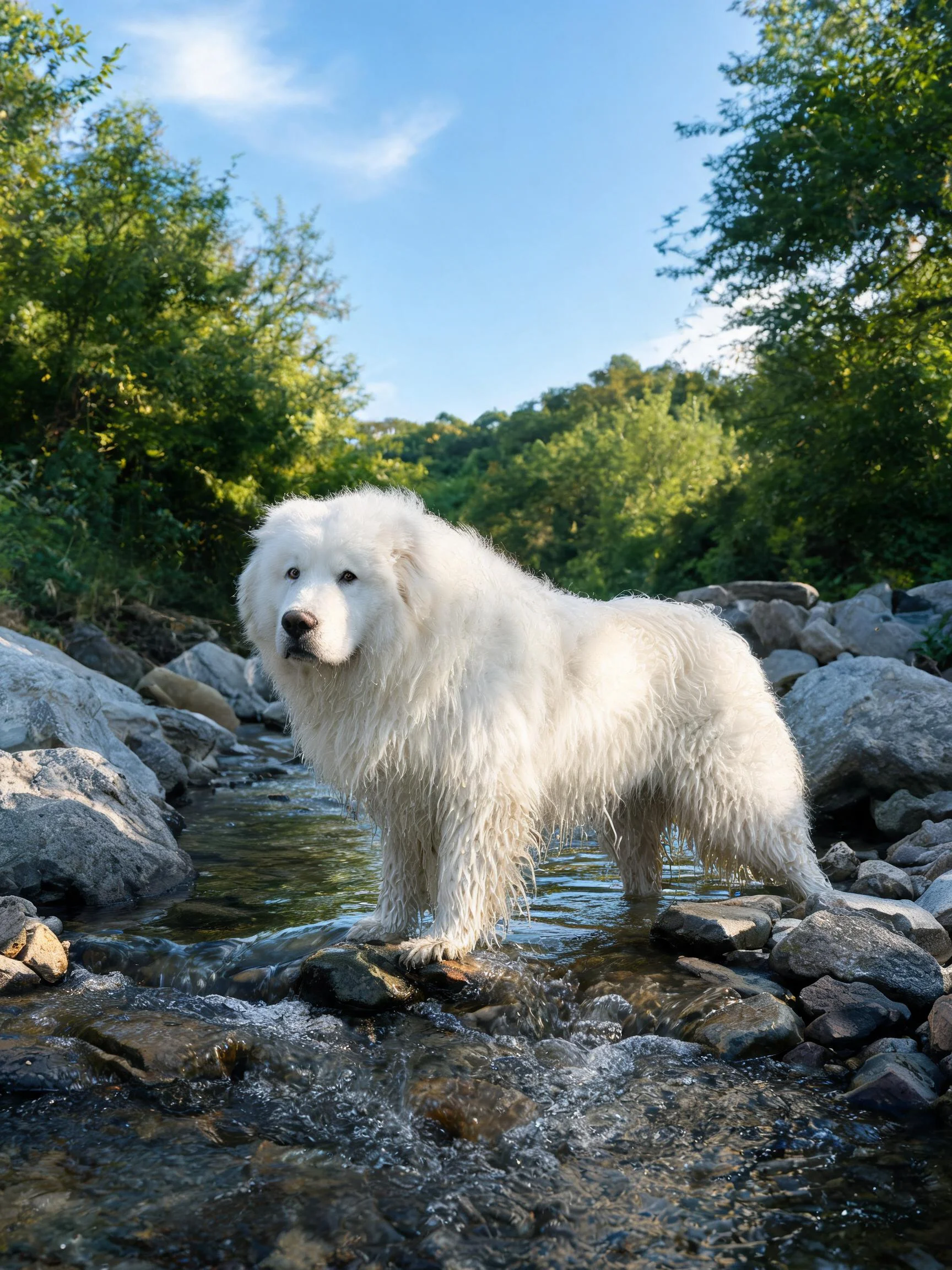 溪流中毛发湿润的大白熊犬站立着,周围有岩石与流水。