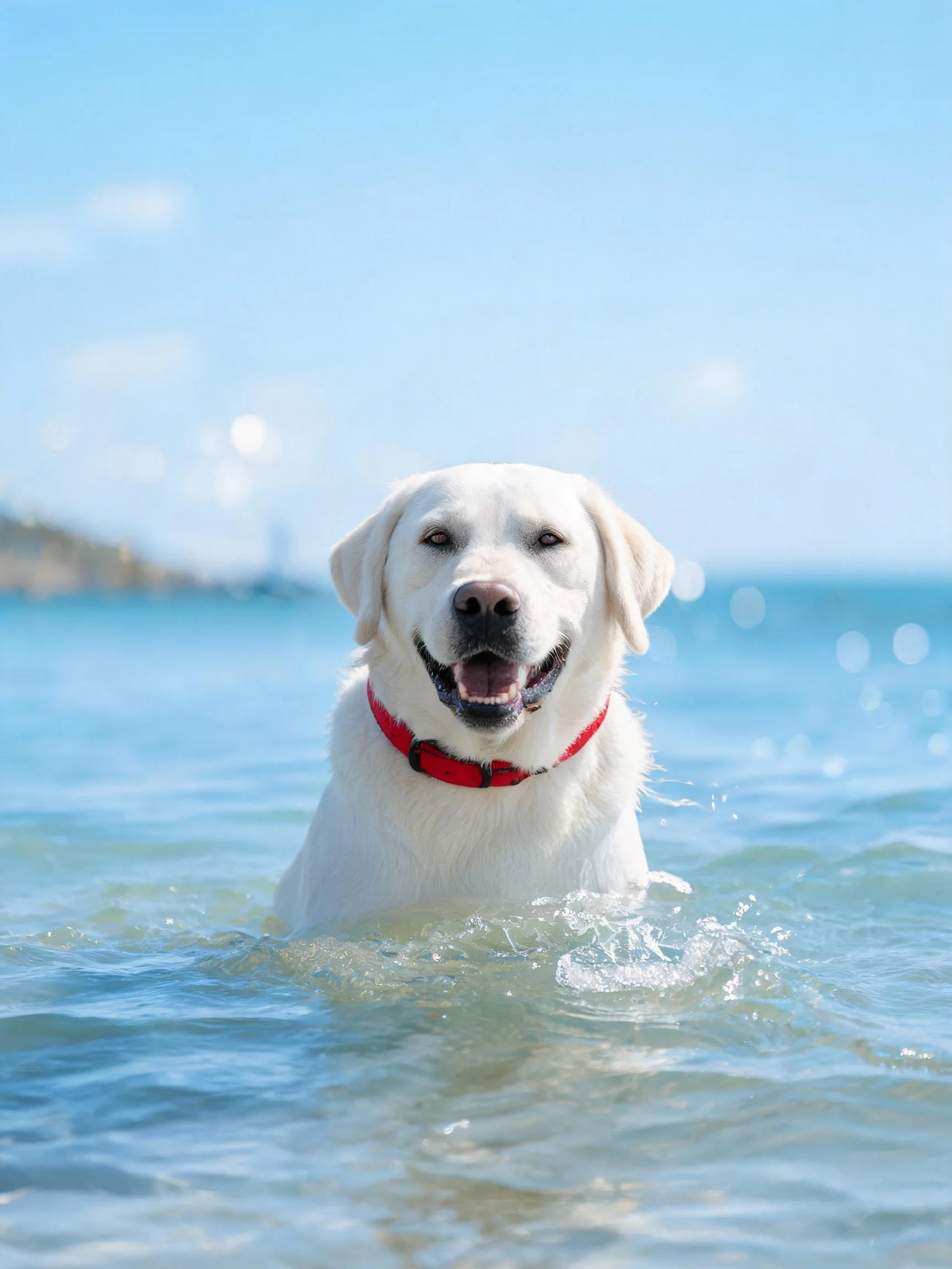 白色拉布拉多犬在海滩水域中,湿润的毛发贴在额头,红色项圈清晰可见。