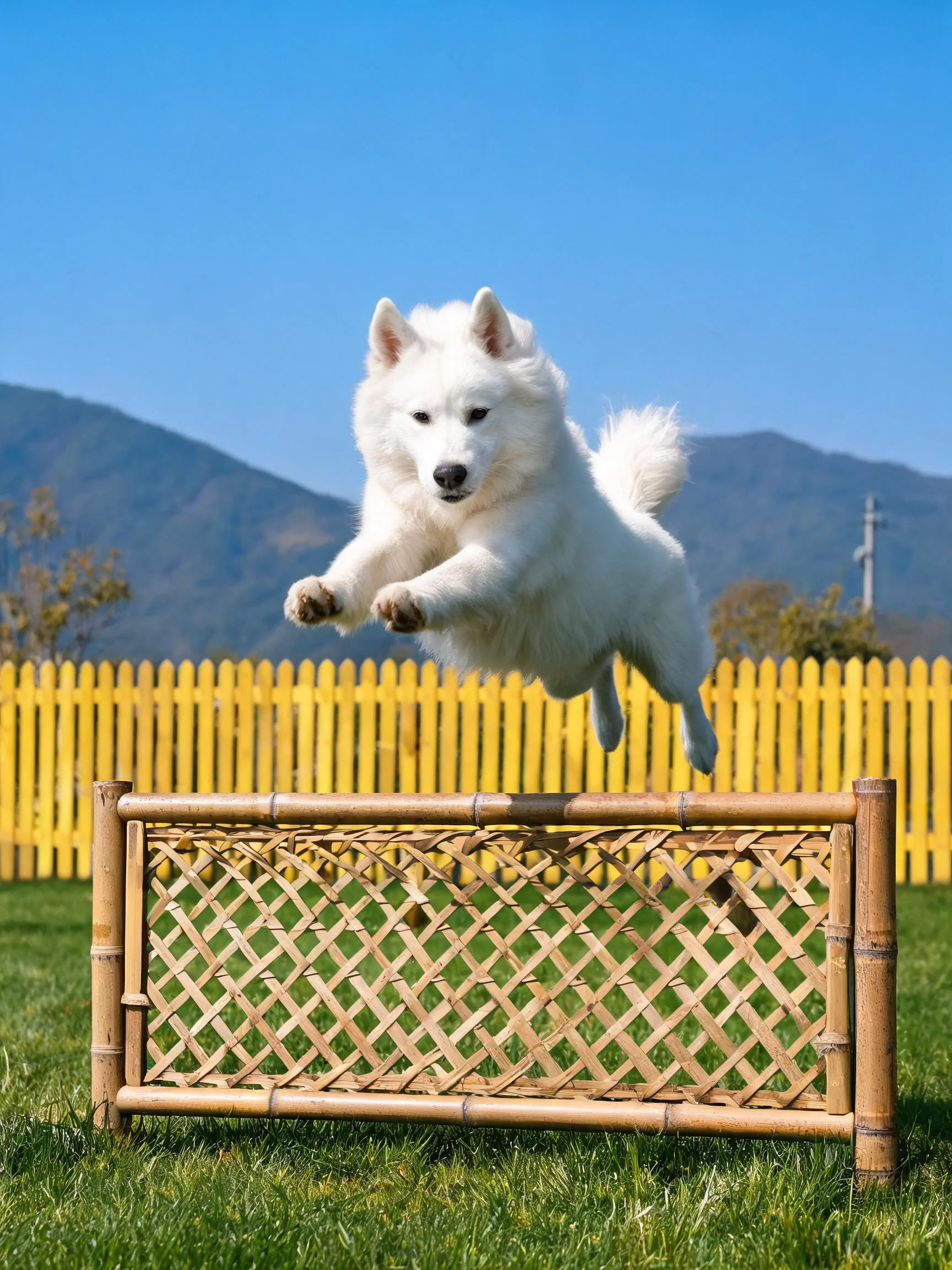 西伯利亚雪橇犬在空中跳跃,白色蓬松毛发清晰可见,四肢伸展姿态优美。