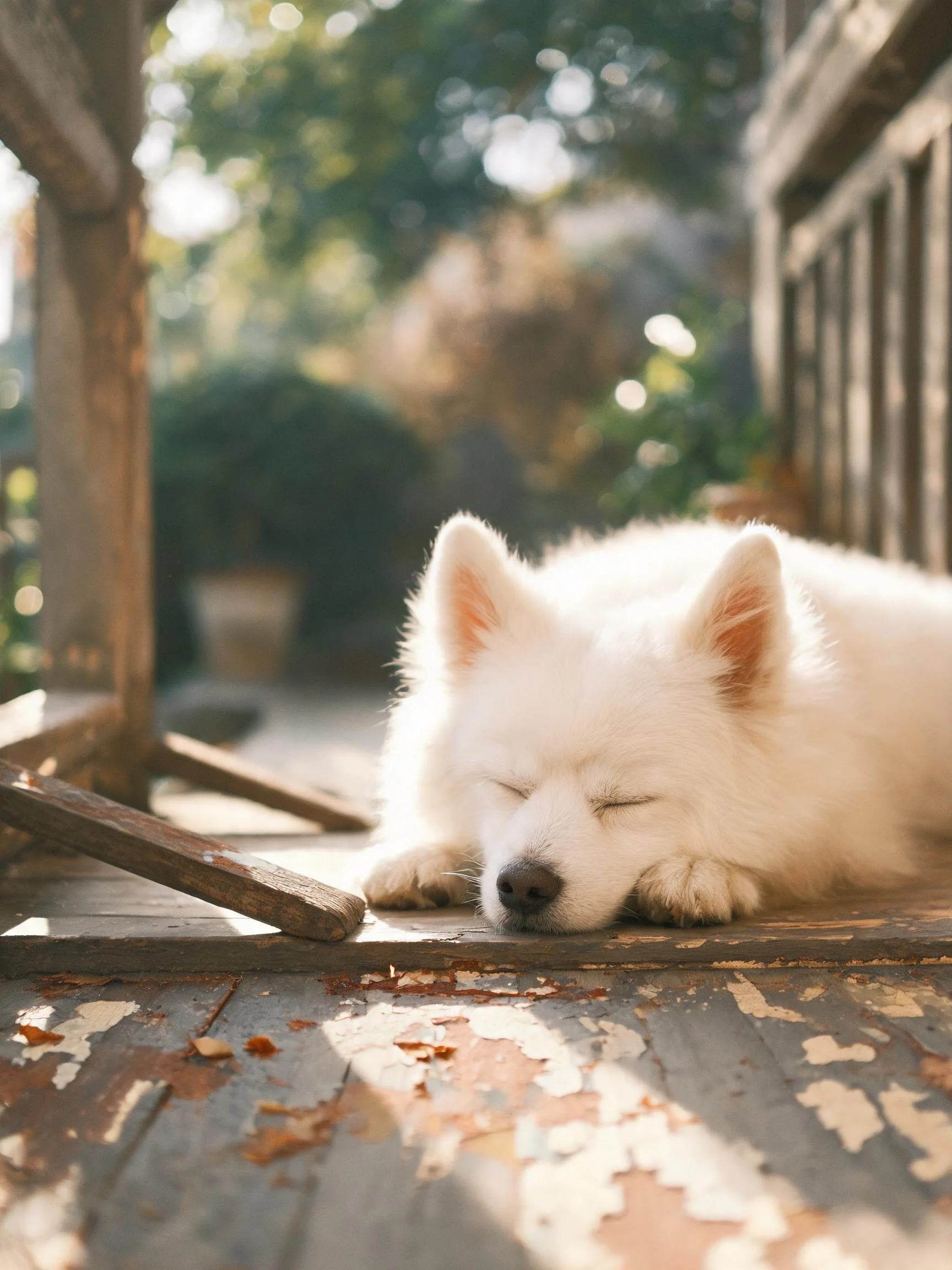 萨摩耶犬在阳光下趴在木质平台上，洁白蓬松的毛发贴附在斑驳的木面上，双眼紧闭处于休息状态。