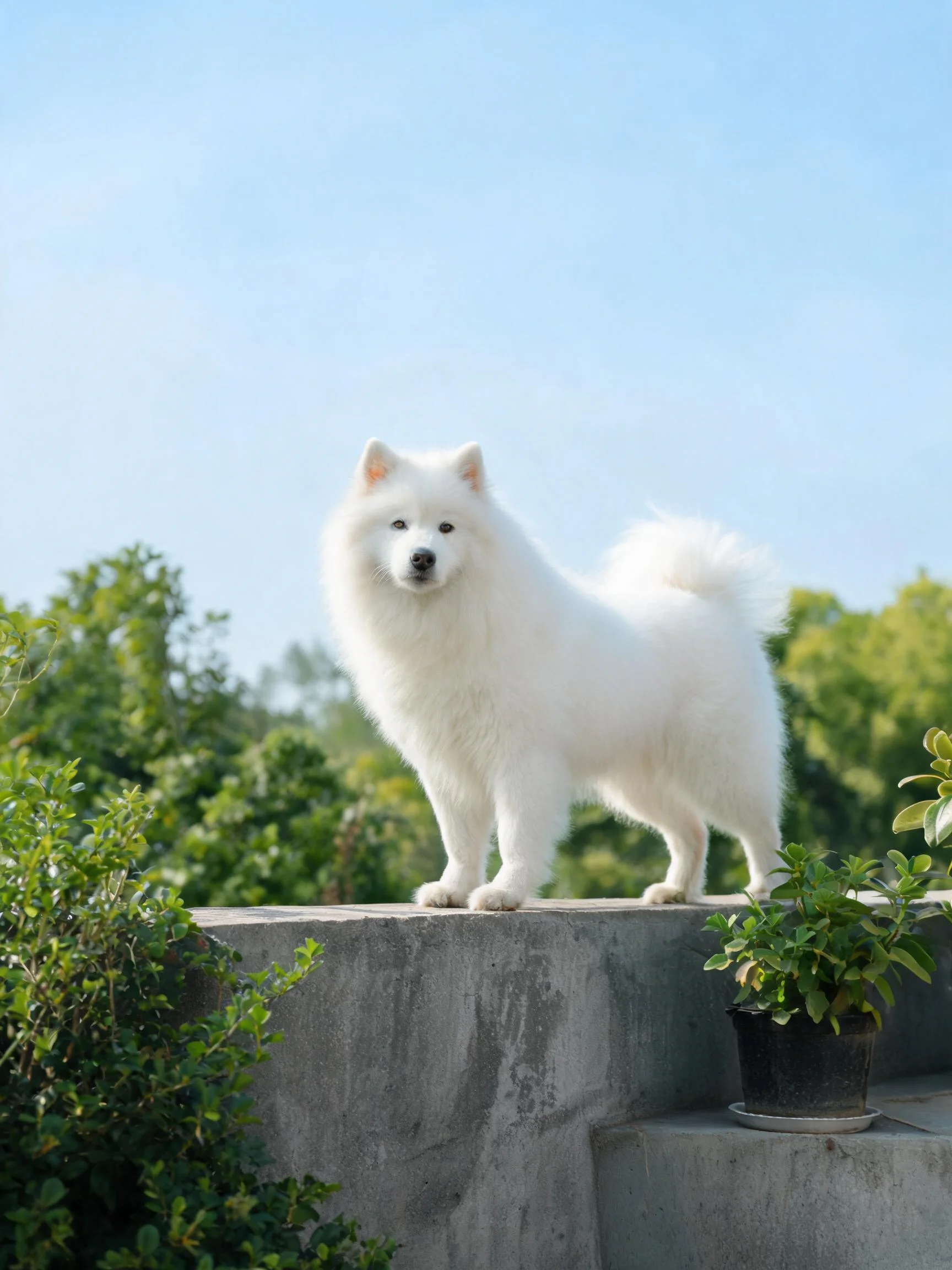 萨摩耶犬站在混凝土平台上,蓬松洁白的毛发清晰可见,卷曲的尾巴向上翘起。