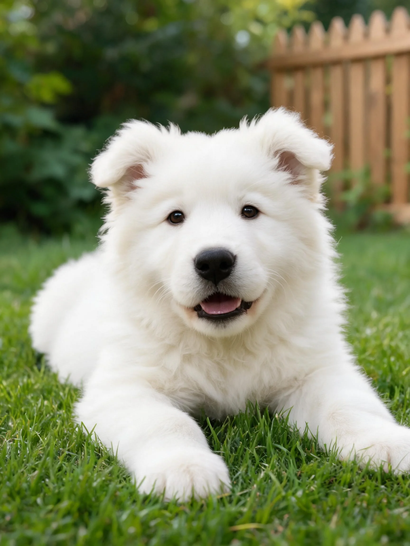 萨摩耶幼犬趴卧在绿色草坪上,蓬松洁白的毛发与黑色鼻头清晰可见。