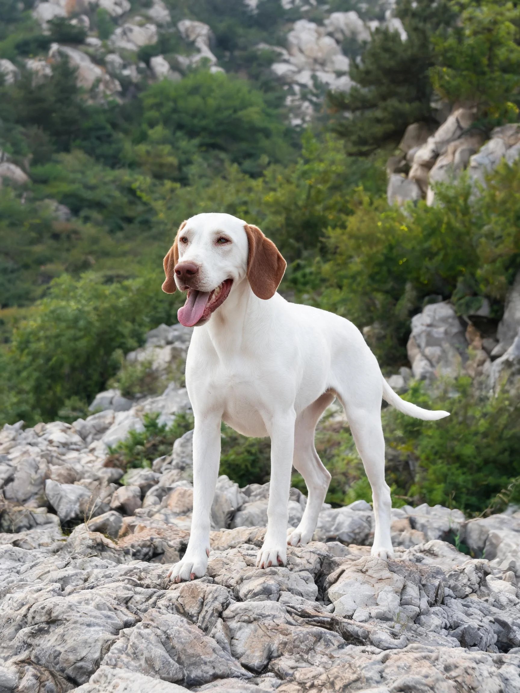 一只白棕色相间的指示猎犬站在岩石坡面上,耳朵呈棕色,嘴巴张开露出舌头。