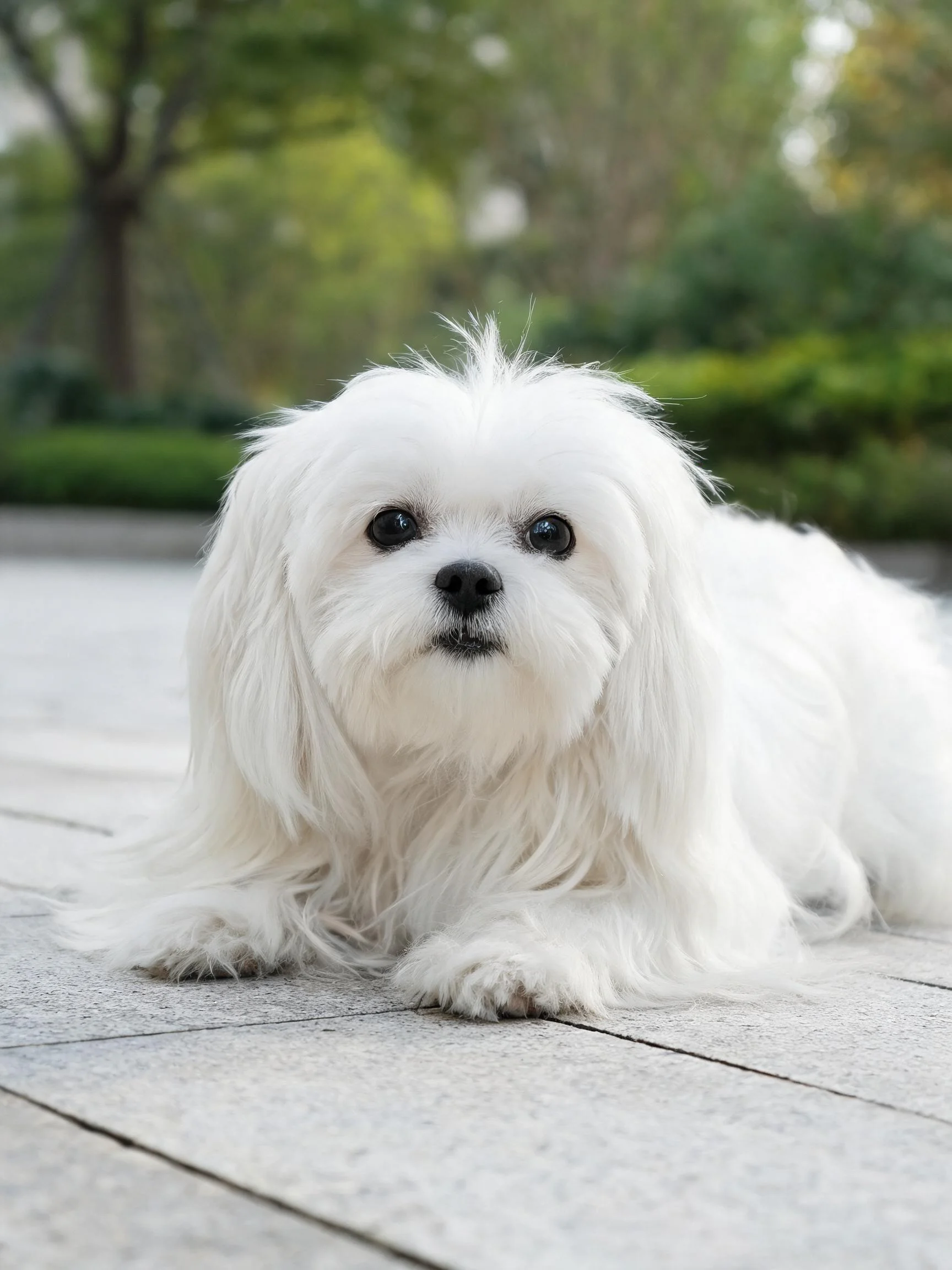 马尔济斯犬有着洁白蓬松的长卷毛,正安静地趴在户外石板路上。