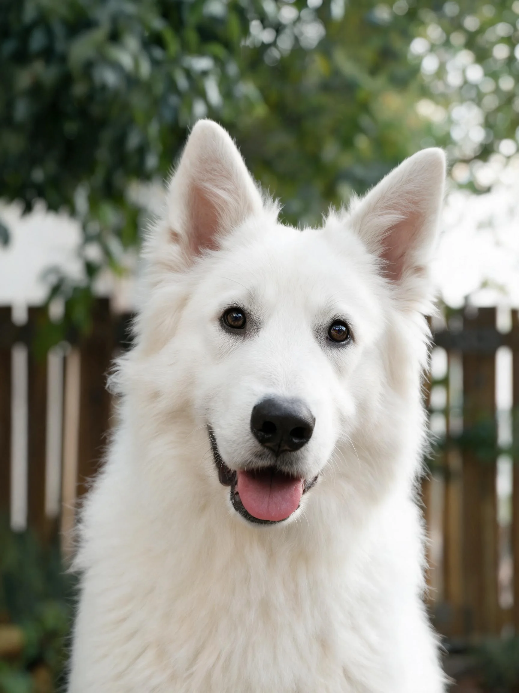一只白色瑞士牧羊犬,全身覆盖着蓬松洁白的毛发,耳朵竖立,嘴巴张开露出粉红色舌头。