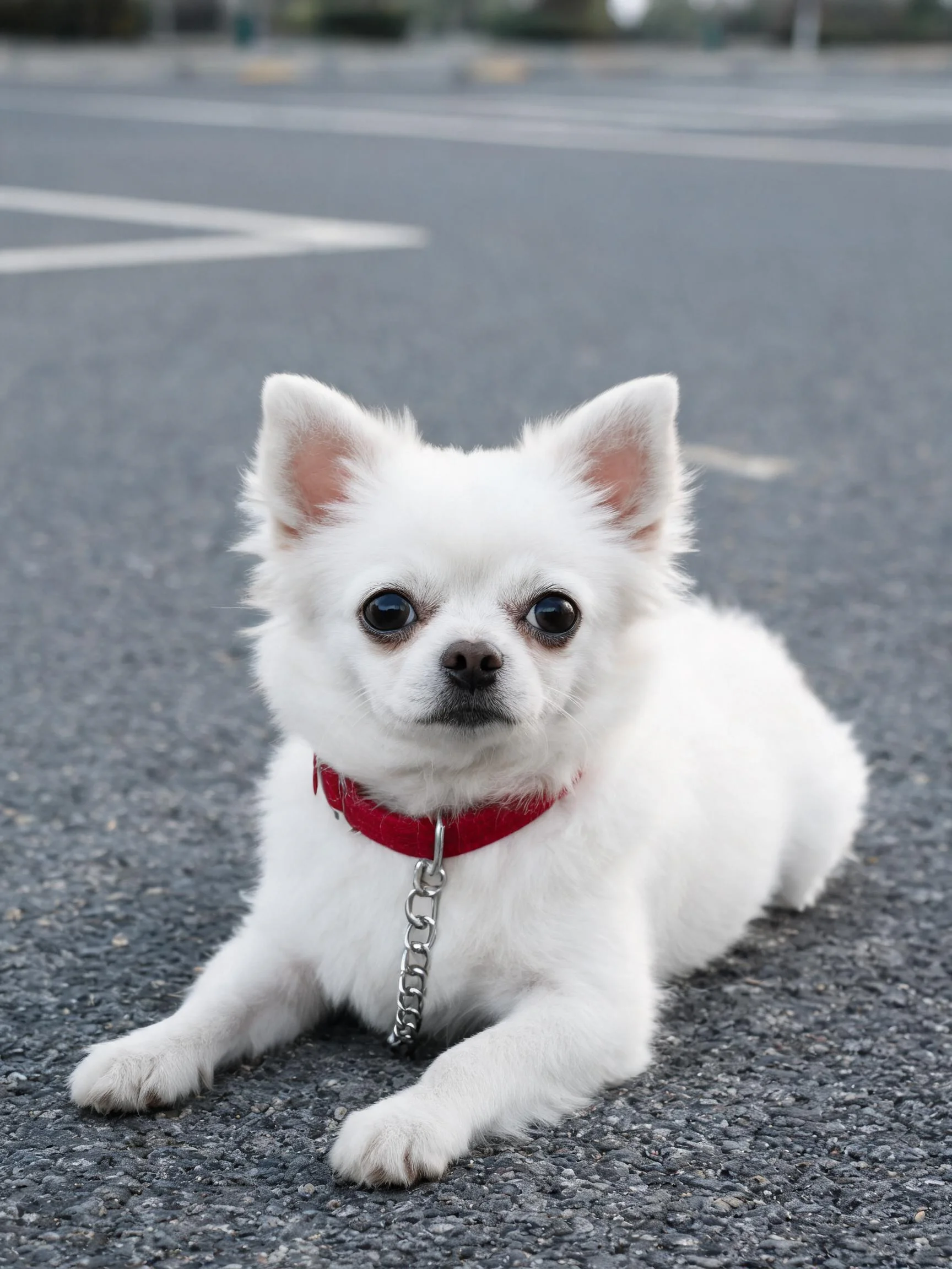 小型白色吉娃娃犬趴在路面上,蓬松洁白的毛发与红色项圈形成鲜明对比,眼神专注注视前方。