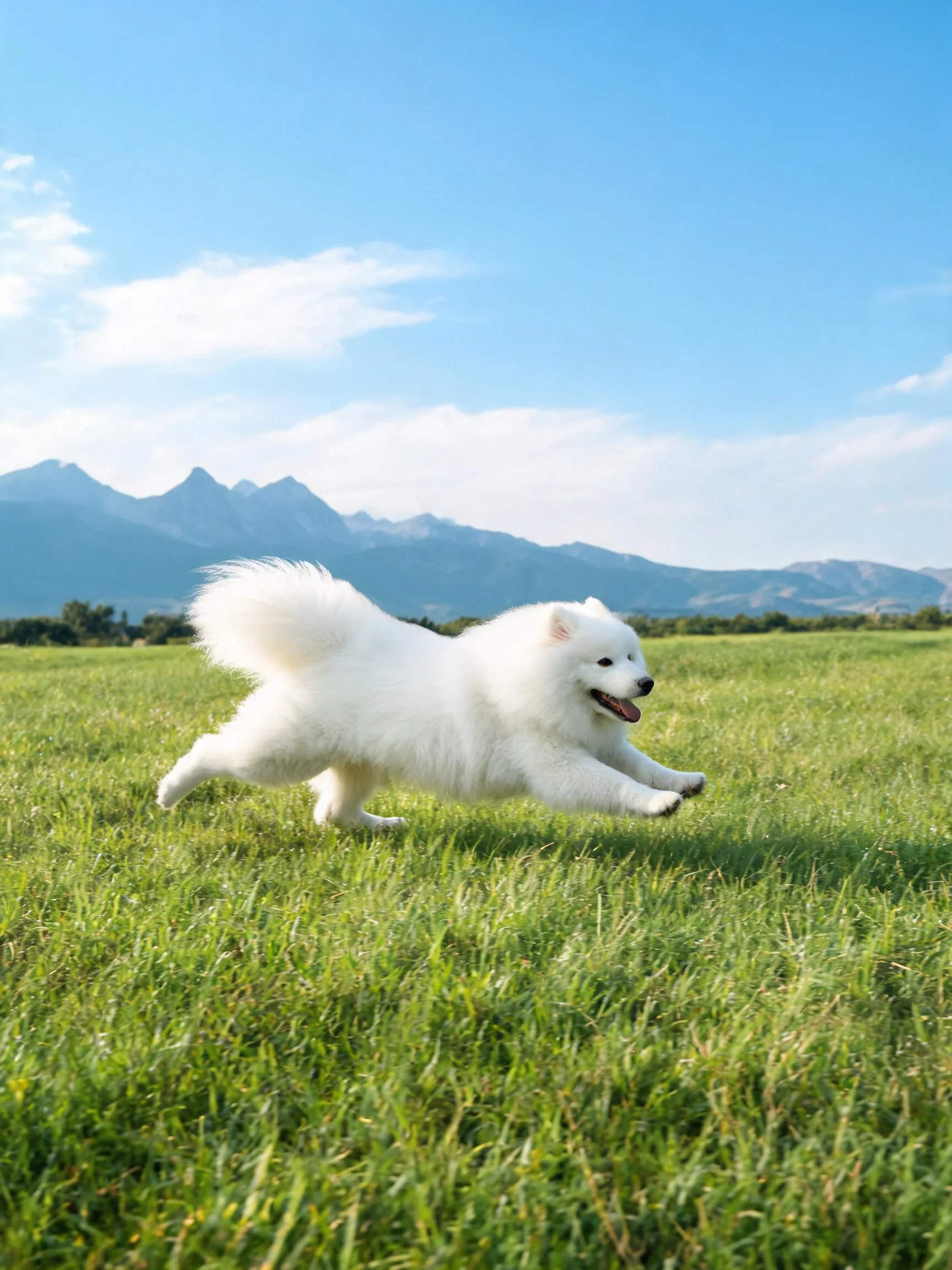 萨摩耶犬在阳光明媚的草地上奔跑,蓬松洁白的毛发随风飘动。