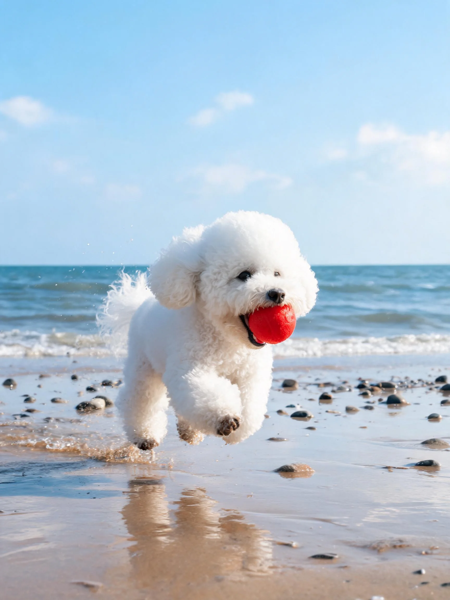 比熊犬叼着红色玩具在海滩沙滩上奔跑,白色蓬松卷曲毛发清晰可见。