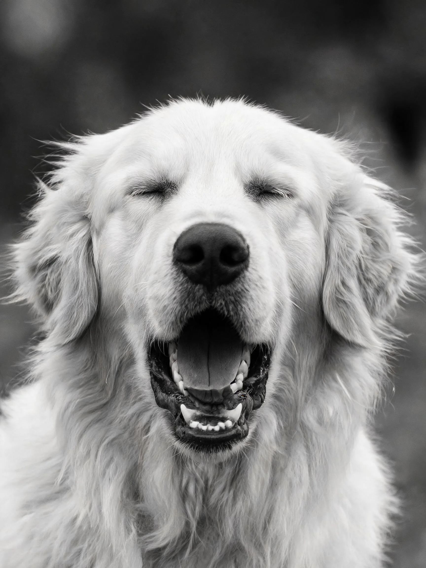 金毛犬闭眼张嘴,嘴巴张开露出牙齿和口腔内部,毛发蓬松柔软。