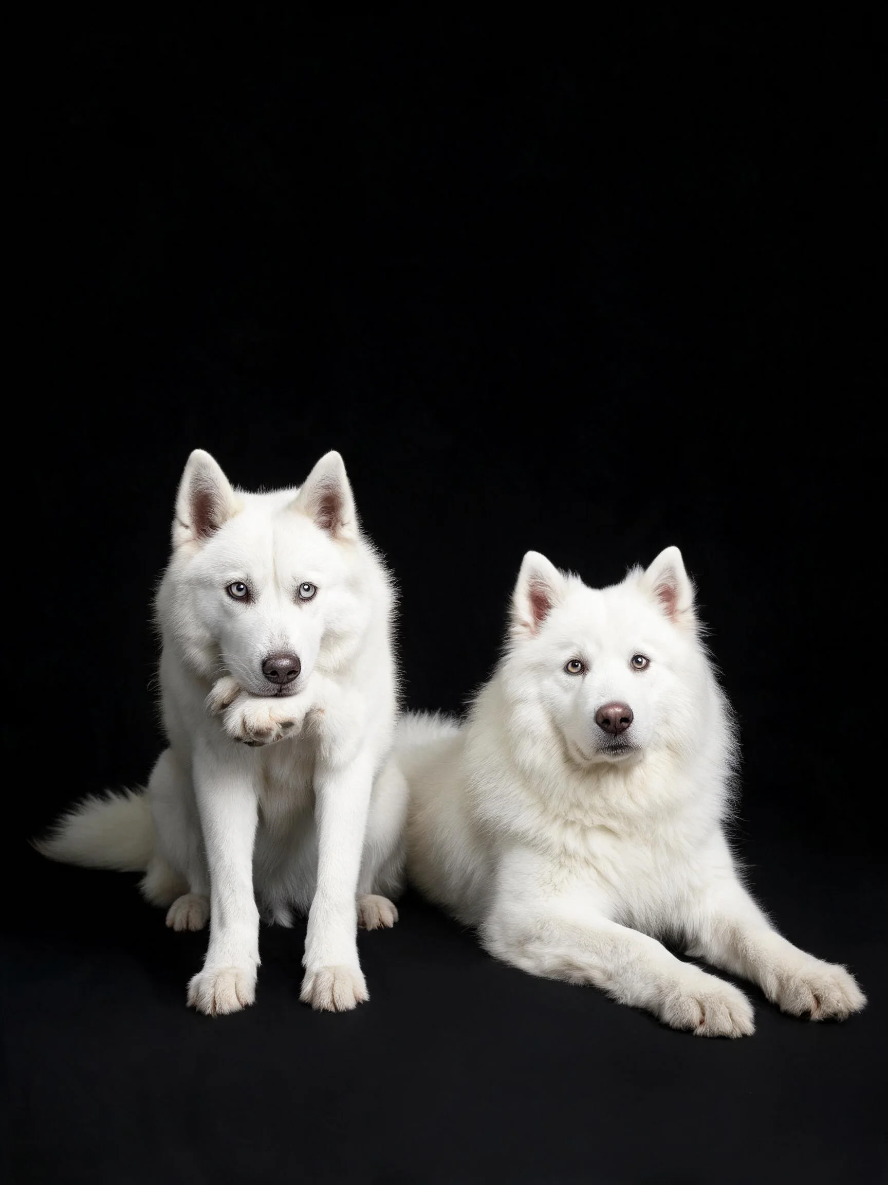 两只萨摩耶犬安静站立,白色蓬松毛发贴附在身体表面,眼神温和。