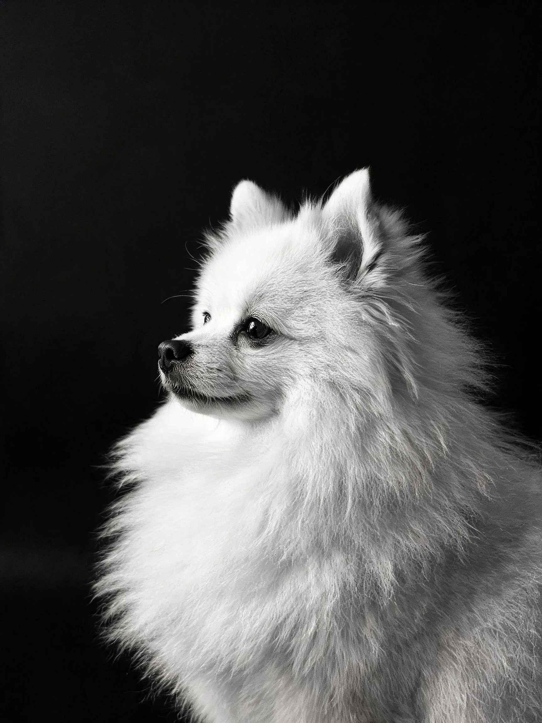 博美犬有着洁白的蓬松毛发，耳朵竖立，目光看向左侧。