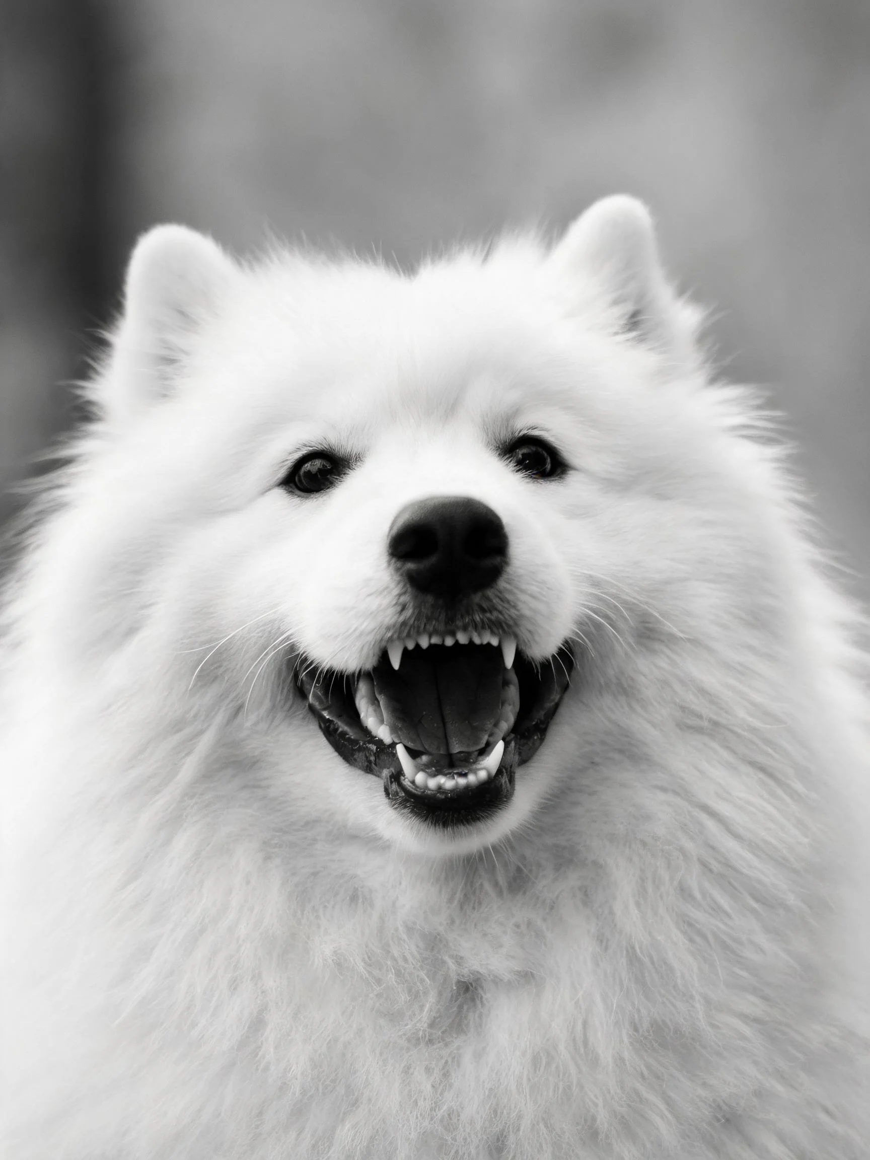 萨摩耶犬嘴巴张开露出牙齿,蓬松洁白的毛发在画面中清晰呈现。