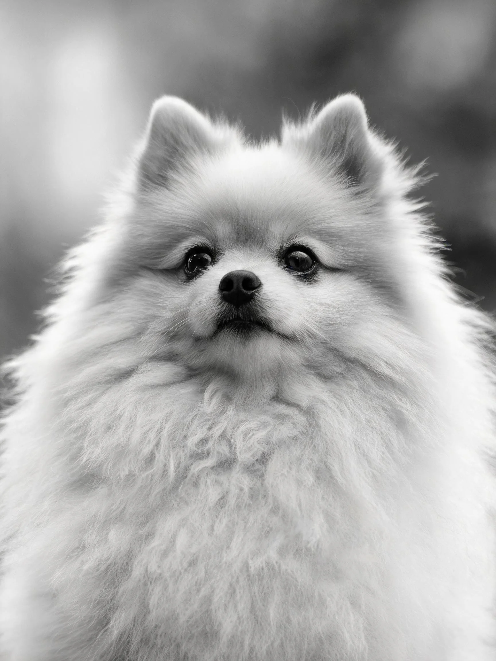 一只博美犬有着蓬松柔软的白色毛发,眼神专注地注视着前方。