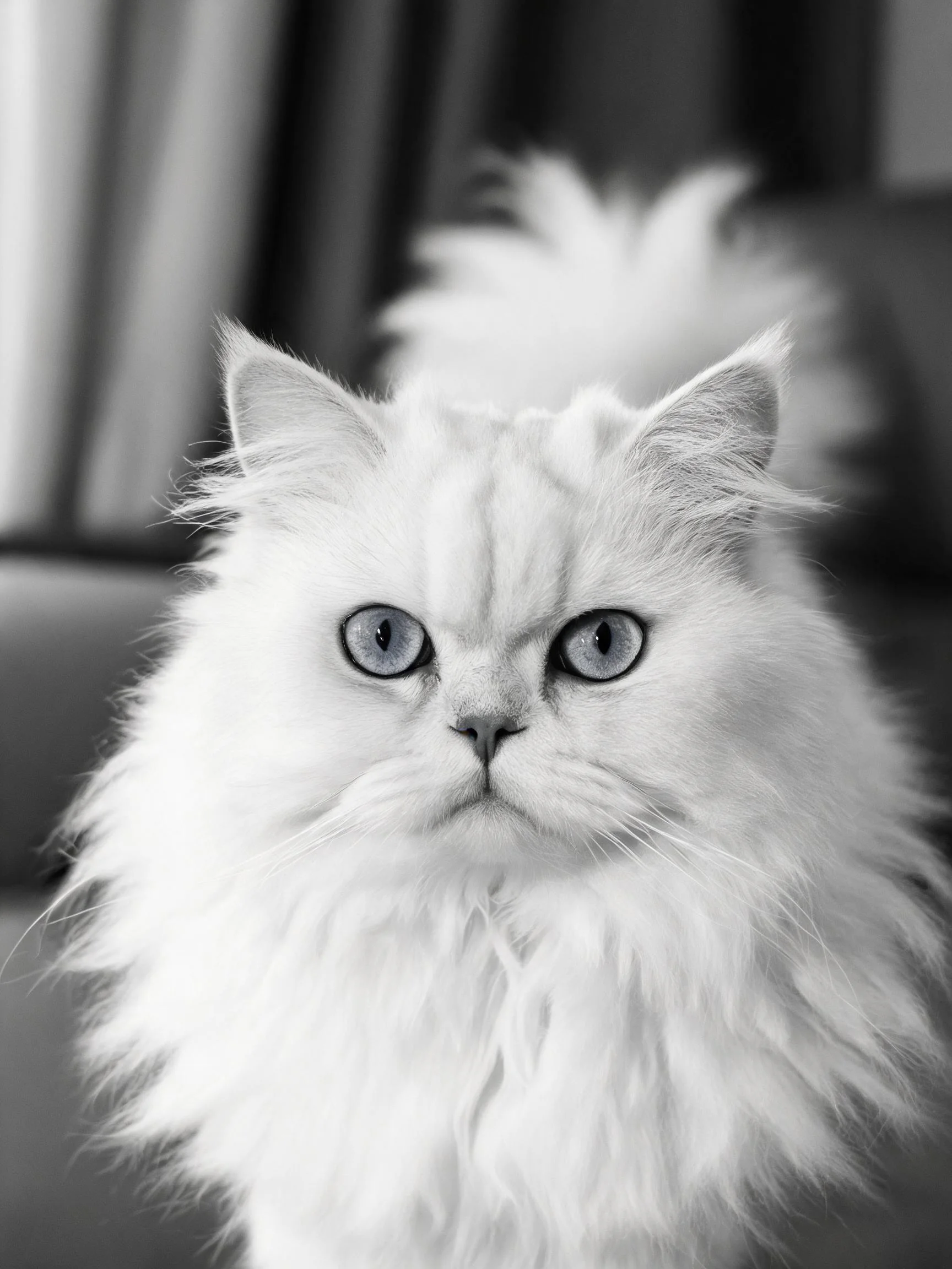波斯猫拥有蓬松的白色长毛和浅蓝色眼睛，毛发柔软细腻，眼部周围毛发清晰可见。