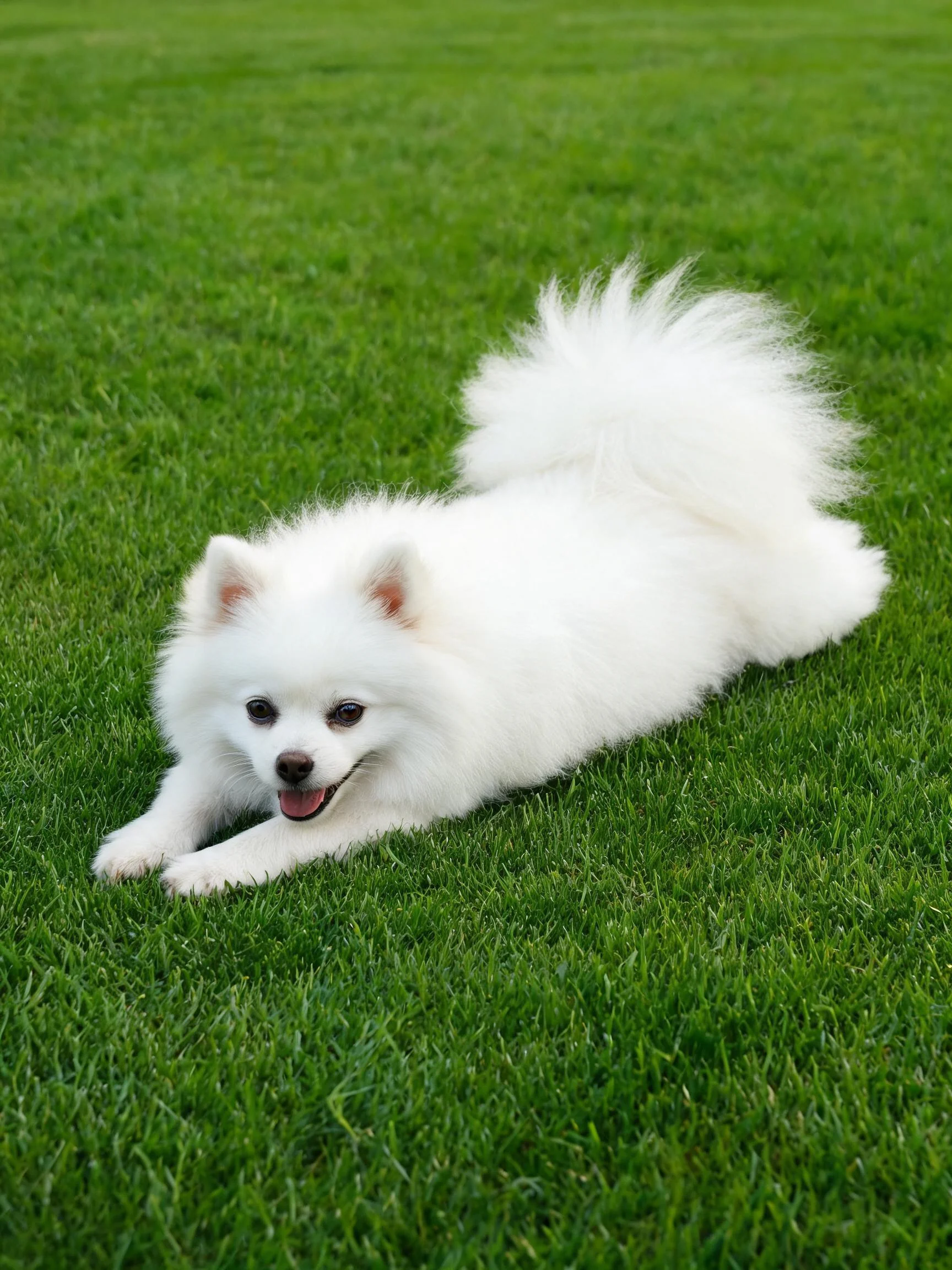 一只白色博美犬趴卧在绿色草坪上,蓬松洁白的毛发清晰可见。