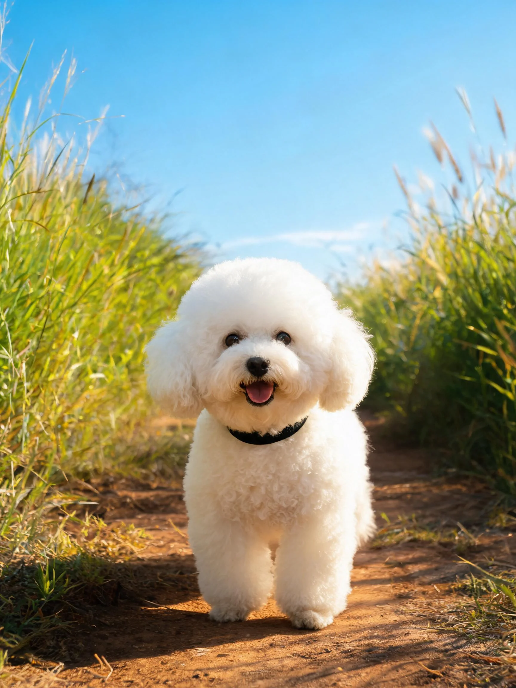 西施犬白色卷曲毛发蓬松,站在泥土小径上,周围有茂密的高草。