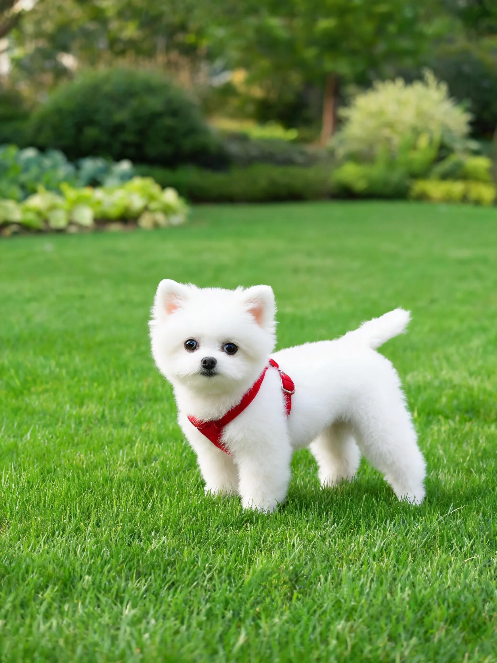 西高地白梗犬站立在绿色草坪上,身着红色胸背带,白色蓬松被毛清晰可见。