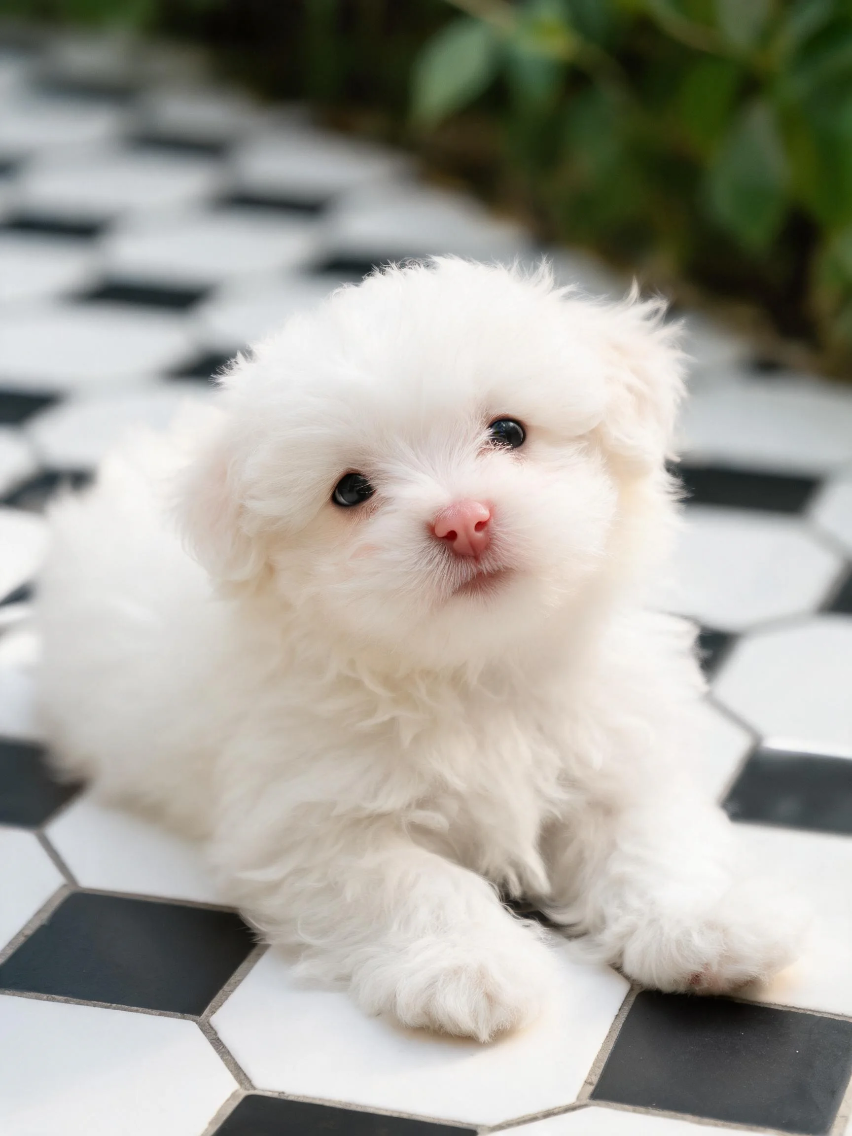 马尔济斯犬幼犬有着蓬松洁白的被毛,正安静地趴在黑白方格地面上。