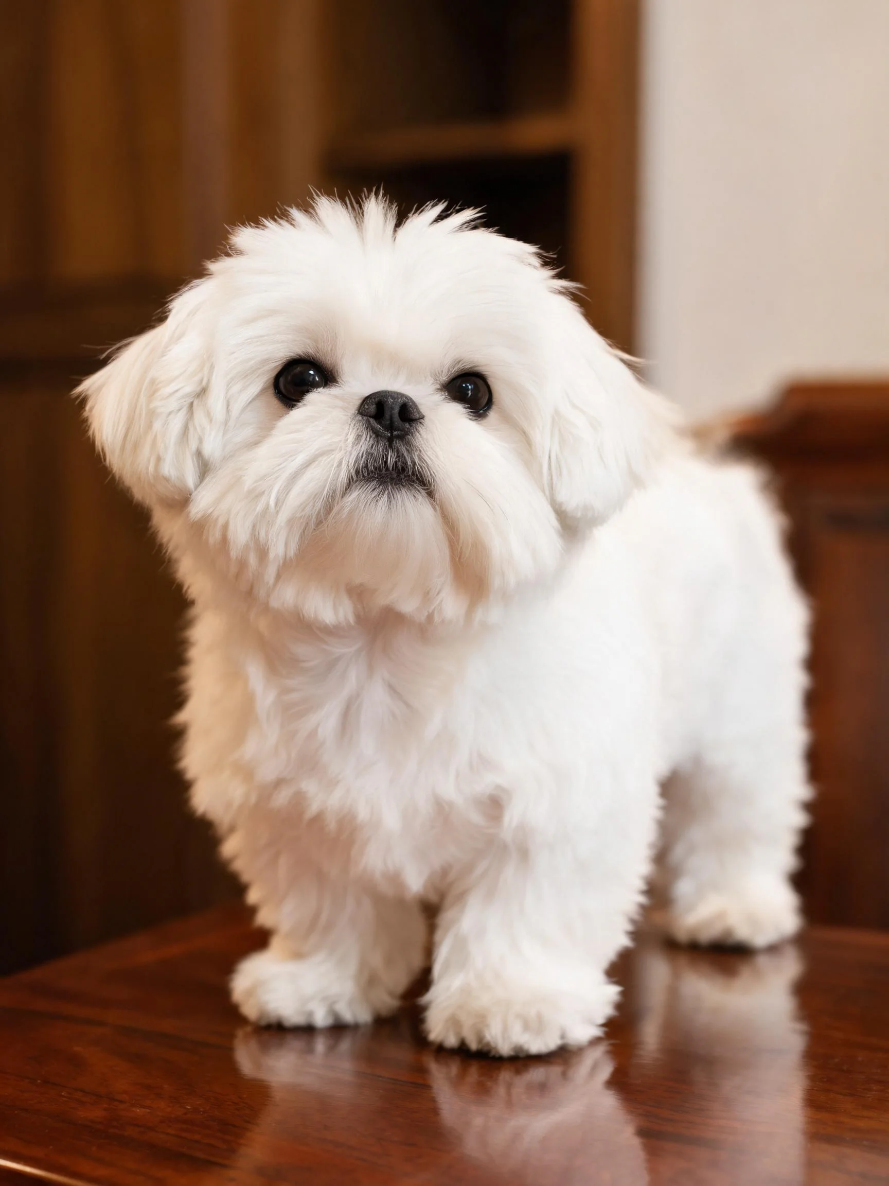 马尔济斯犬有着蓬松洁白的被毛,正站在木质桌面上注视前方。