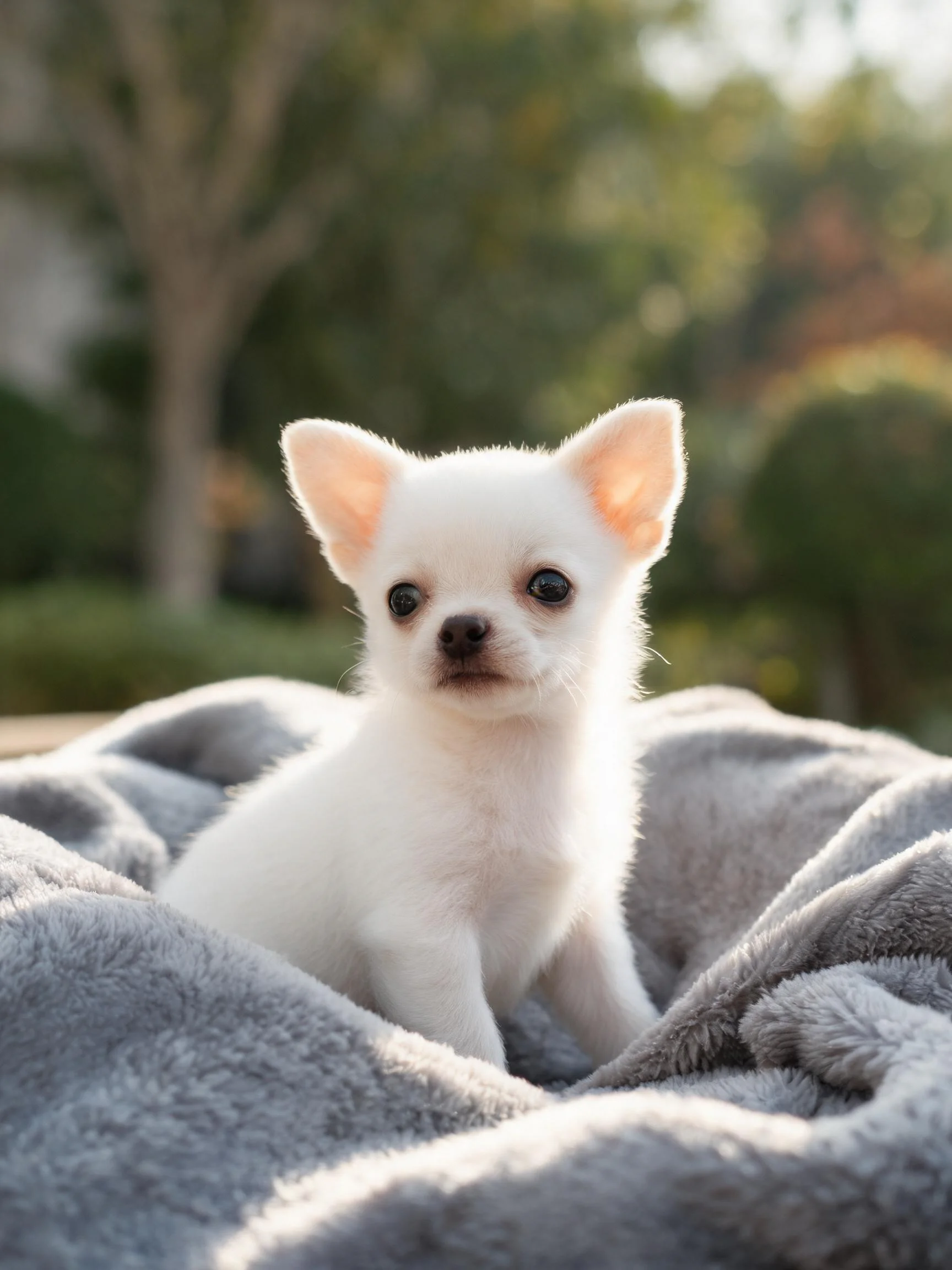 一只白色吉娃娃犬幼崽,有着蓬松洁白的被毛,正安静地坐在灰色毯子上,眼神专注看向镜头方向。